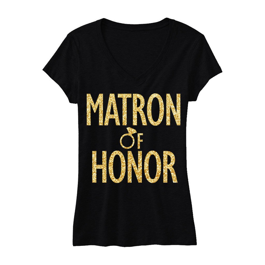 Black V-neck bridal shirt with gold glitter 'MATRON of HONOR' text, showcasing a stylish and elegant design.