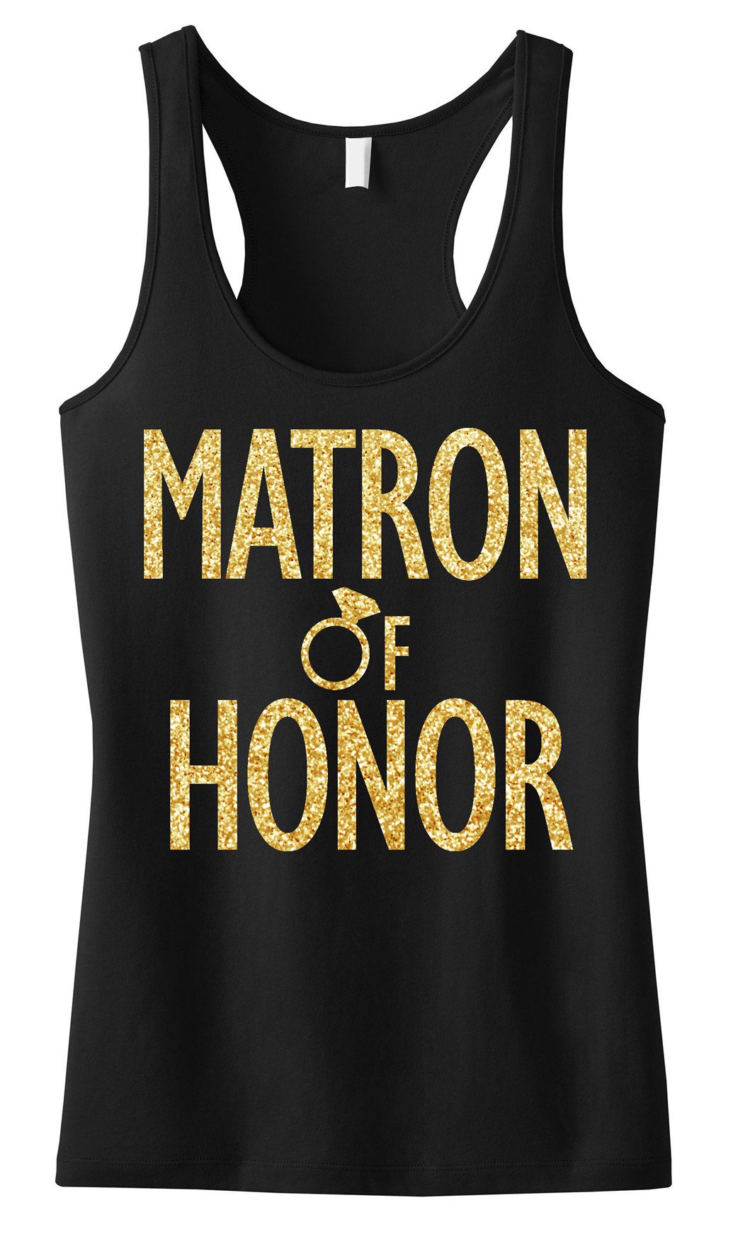 MATRON of HONOR Gold Glitter Tank Top displayed on a mannequin, showcasing its stylish design and glittery text.