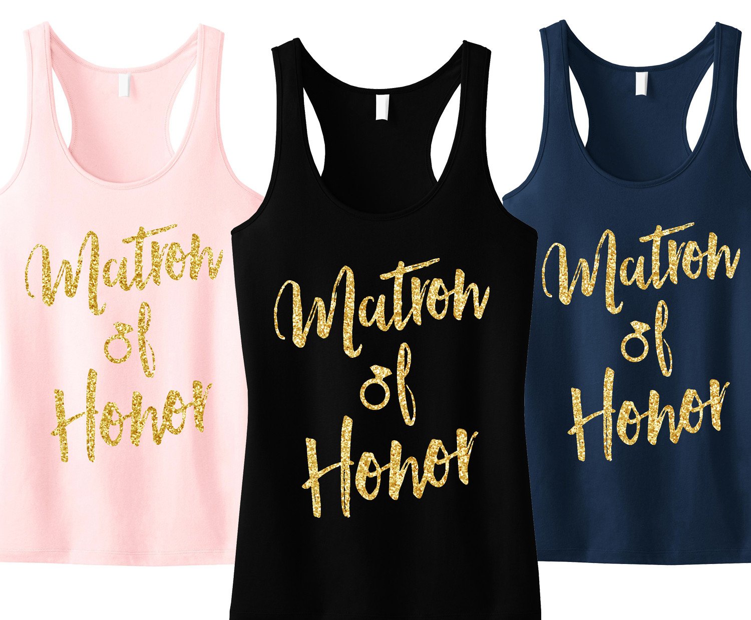 Matron of Honor Script Tank Top featuring gold glitter text on a black background, showcasing its stylish design and comfortable fit.