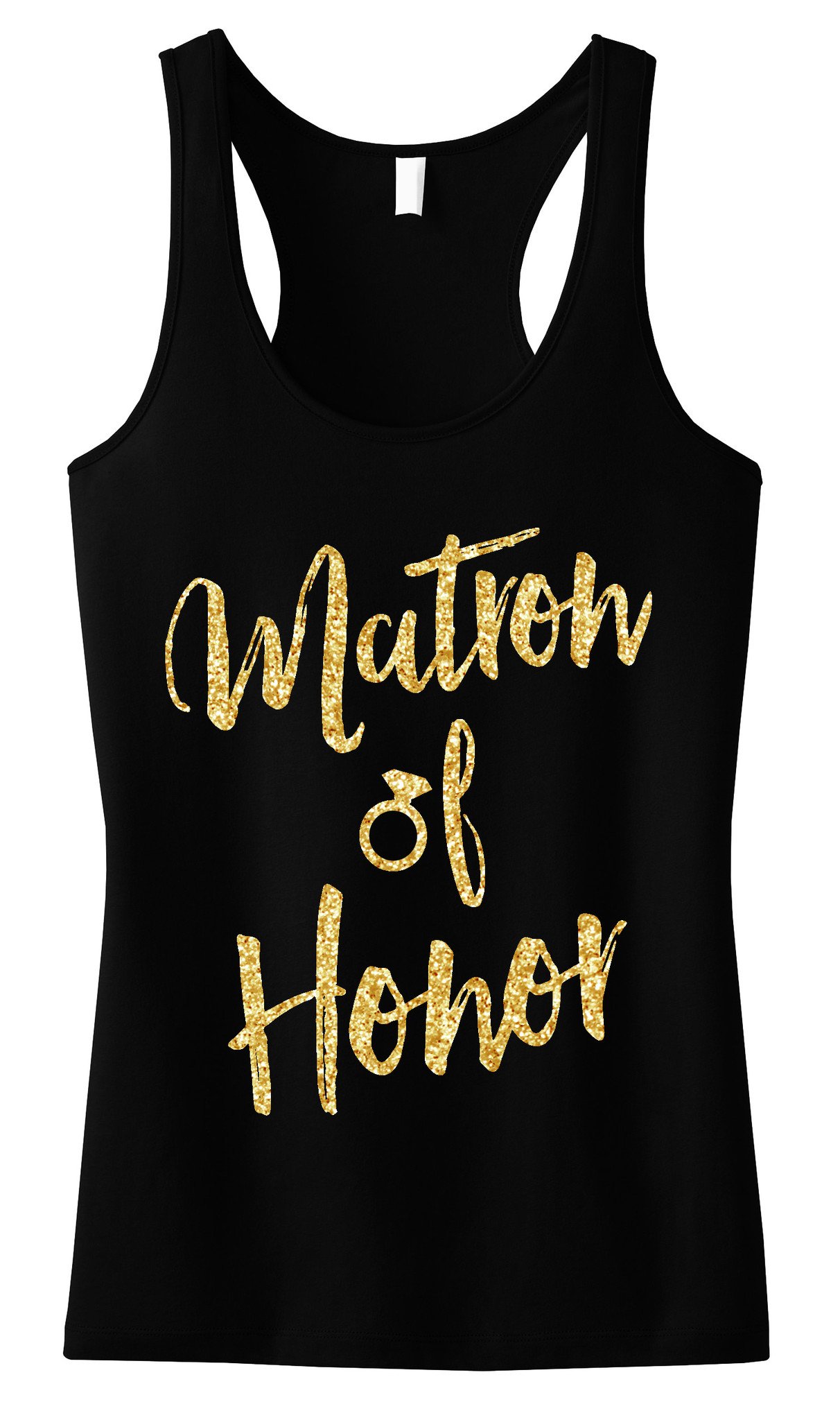 Matron of Honor Script Tank Top featuring gold glitter text on a black background, showcasing its stylish design and comfortable fit.
