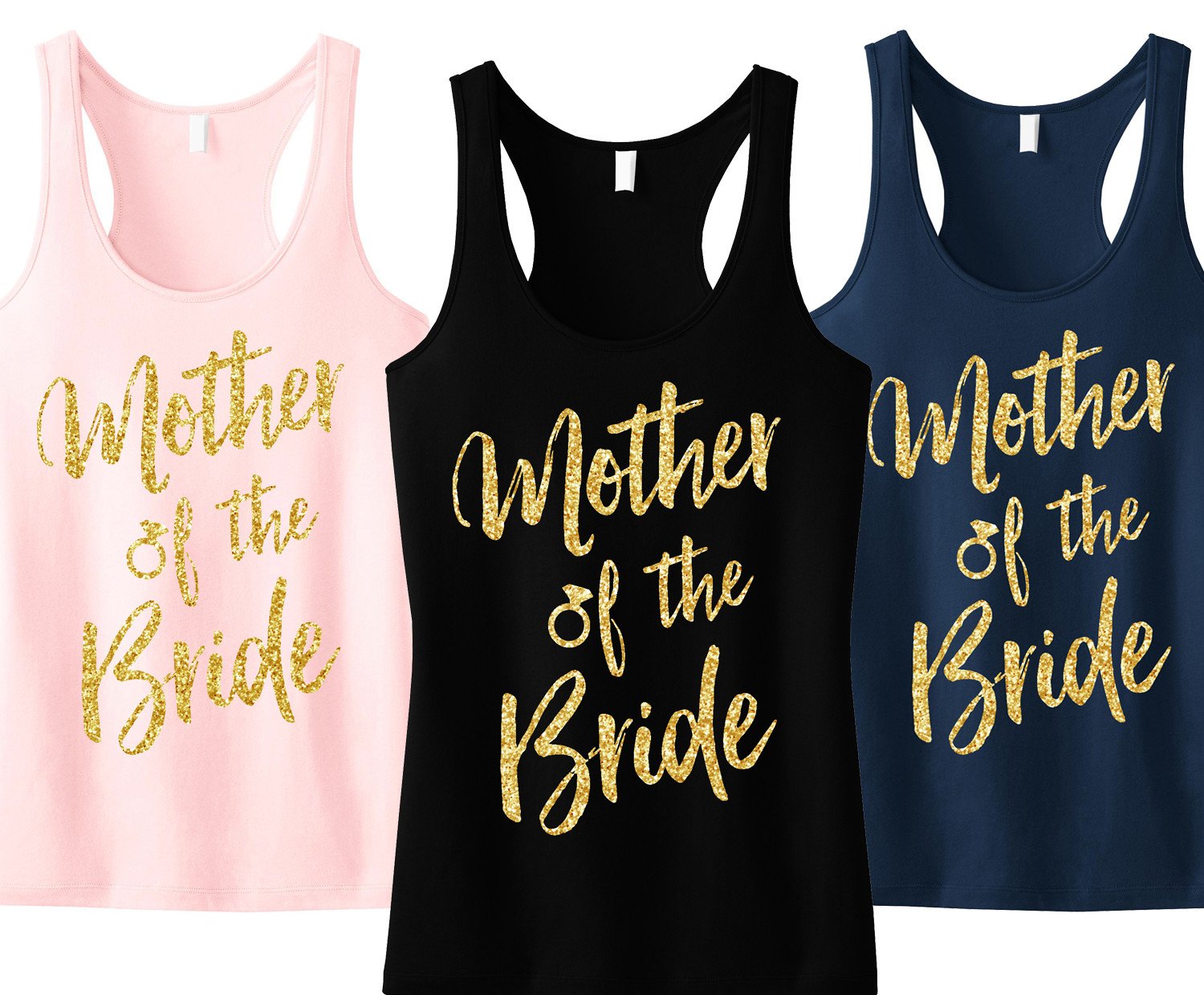 Mother of the Bride tank top featuring gold glitter script, available in black, blush, and navy blue colors.
