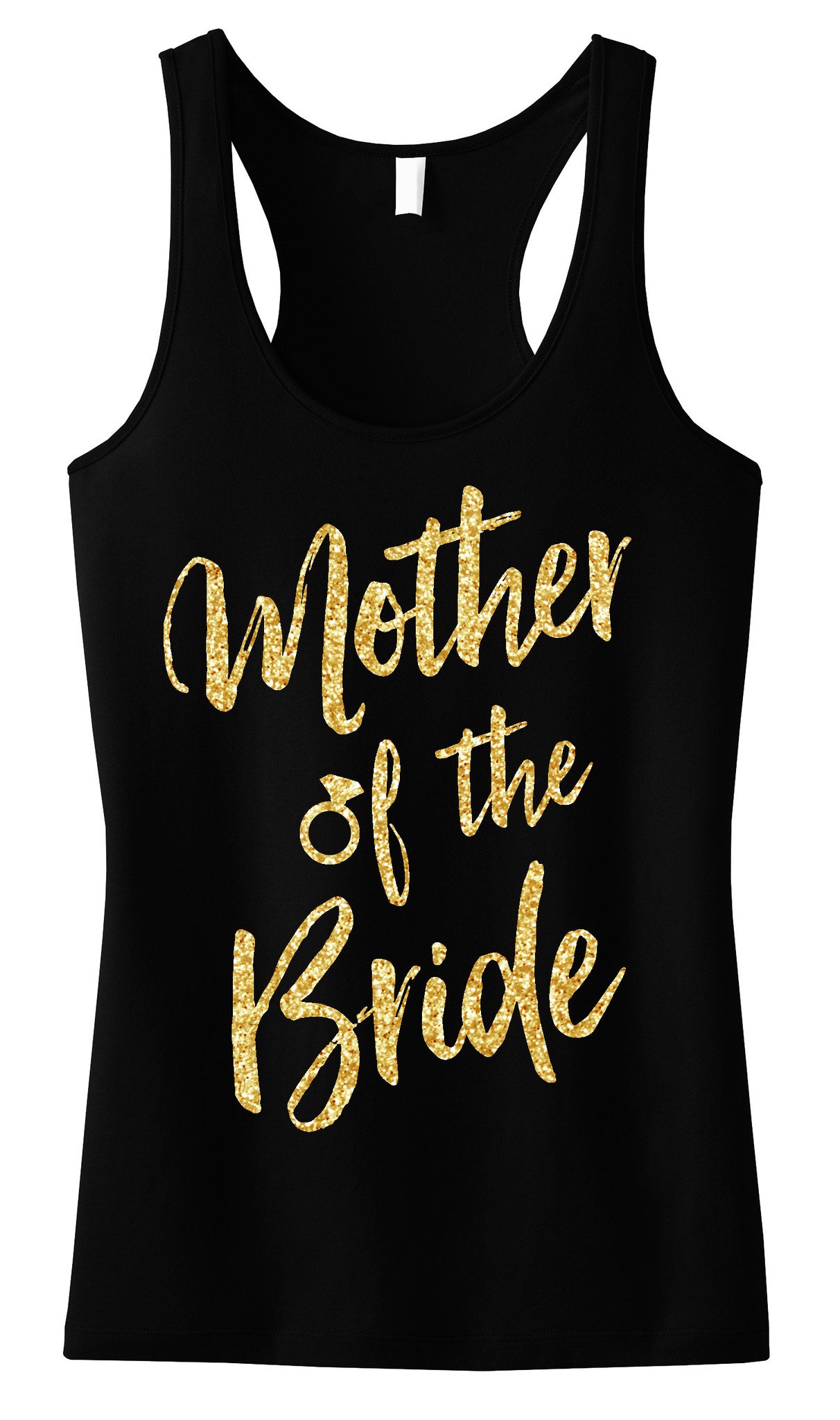 Mother of the Bride tank top featuring gold glitter script, available in black, blush, and navy blue colors.