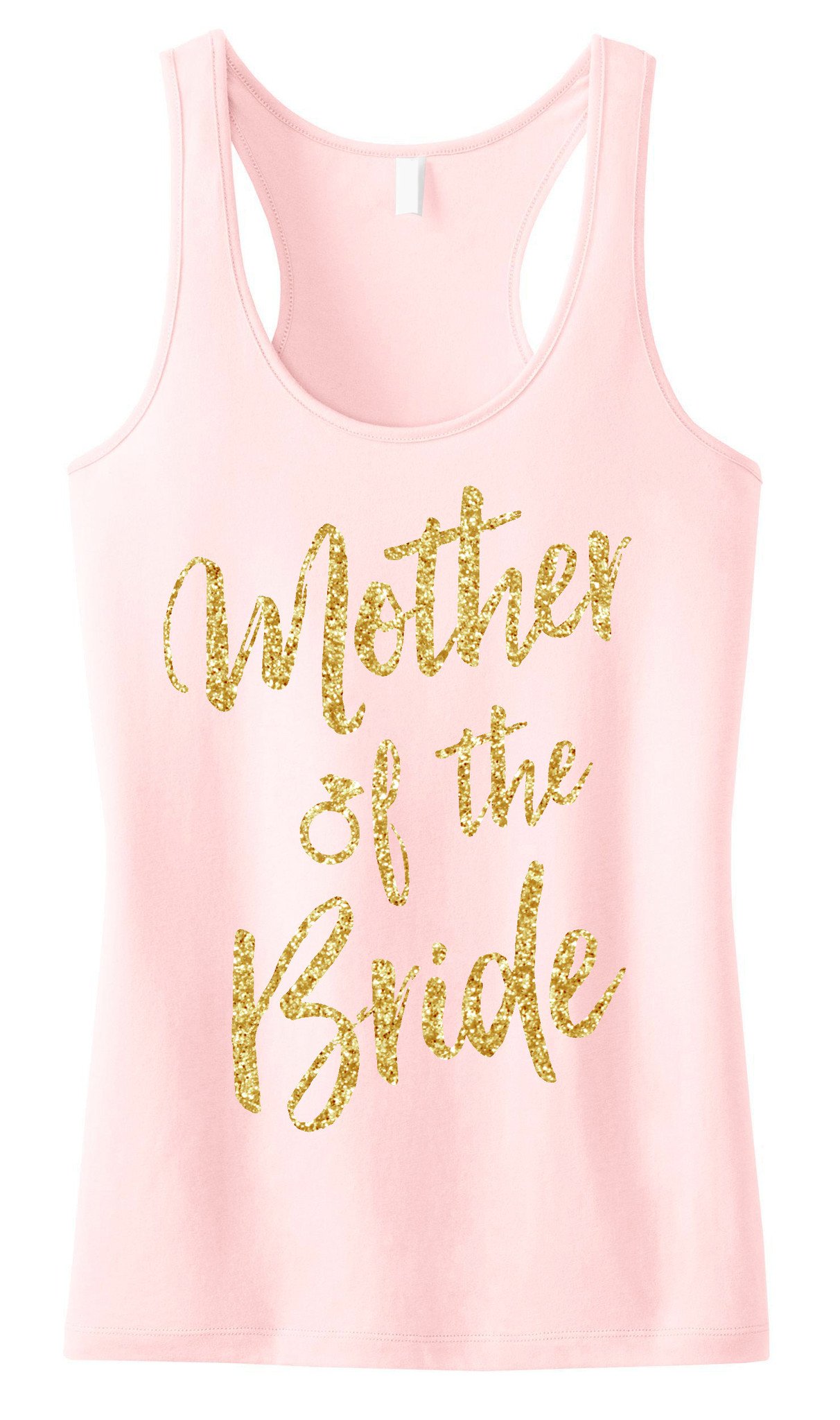 Mother of the Bride tank top featuring gold glitter script, available in black, blush, and navy blue colors.