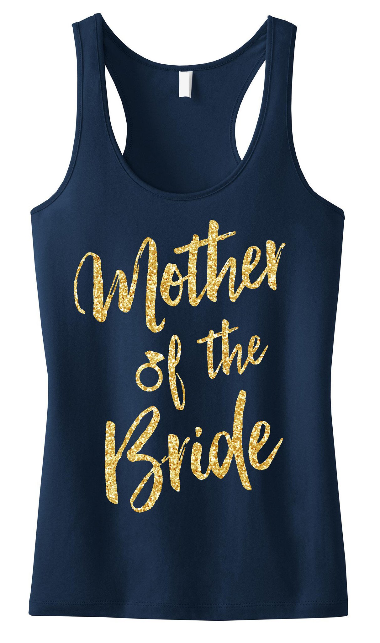 Mother of the Bride tank top featuring gold glitter script, available in black, blush, and navy blue colors.