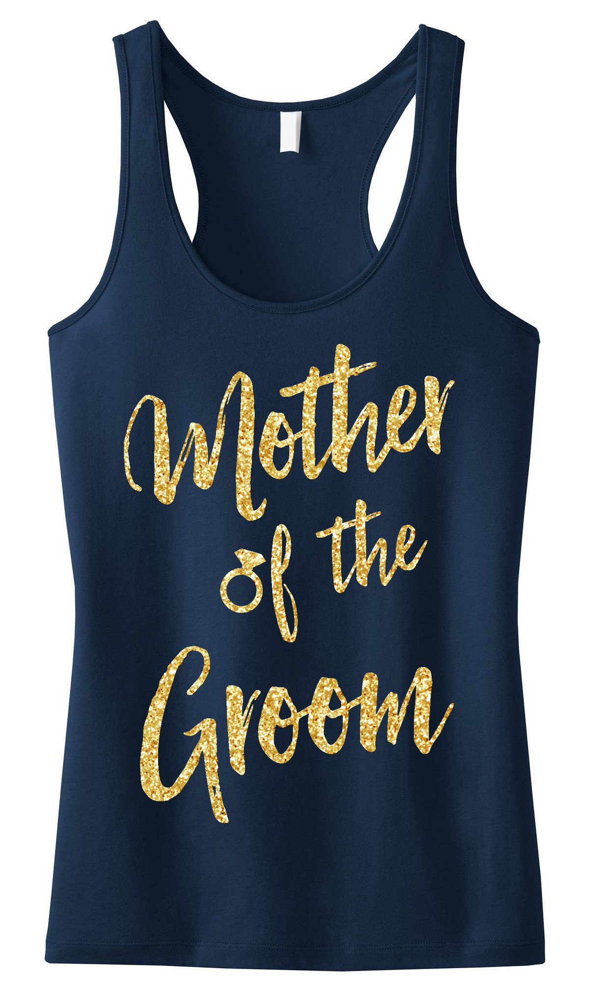 Mother of the Groom Script Tank Top featuring gold glitter text on a black background, showcasing its stylish design and relaxed fit.