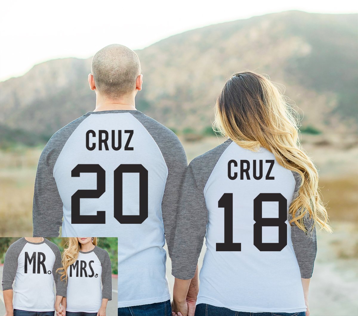 Custom MR and MRS baseball tees in white and heather gray, featuring personalized names and numbers, perfect for weddings and honeymoons.