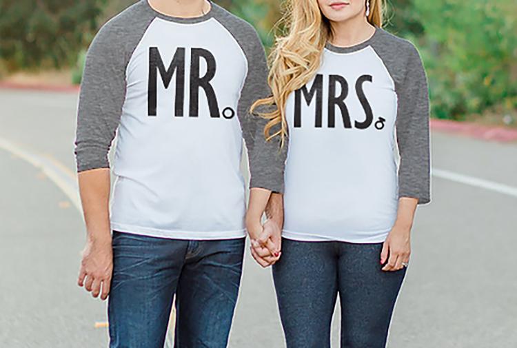 Custom MR and MRS baseball tees in white and heather gray, featuring personalized names and numbers, perfect for weddings and honeymoons.