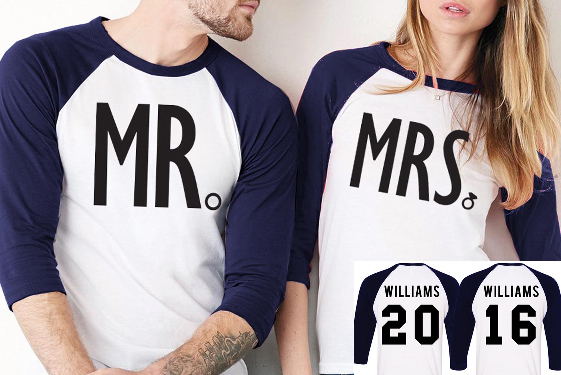 Custom MR + MRS Baseball Tees in various colors with personalized names and numbers, perfect for couples.