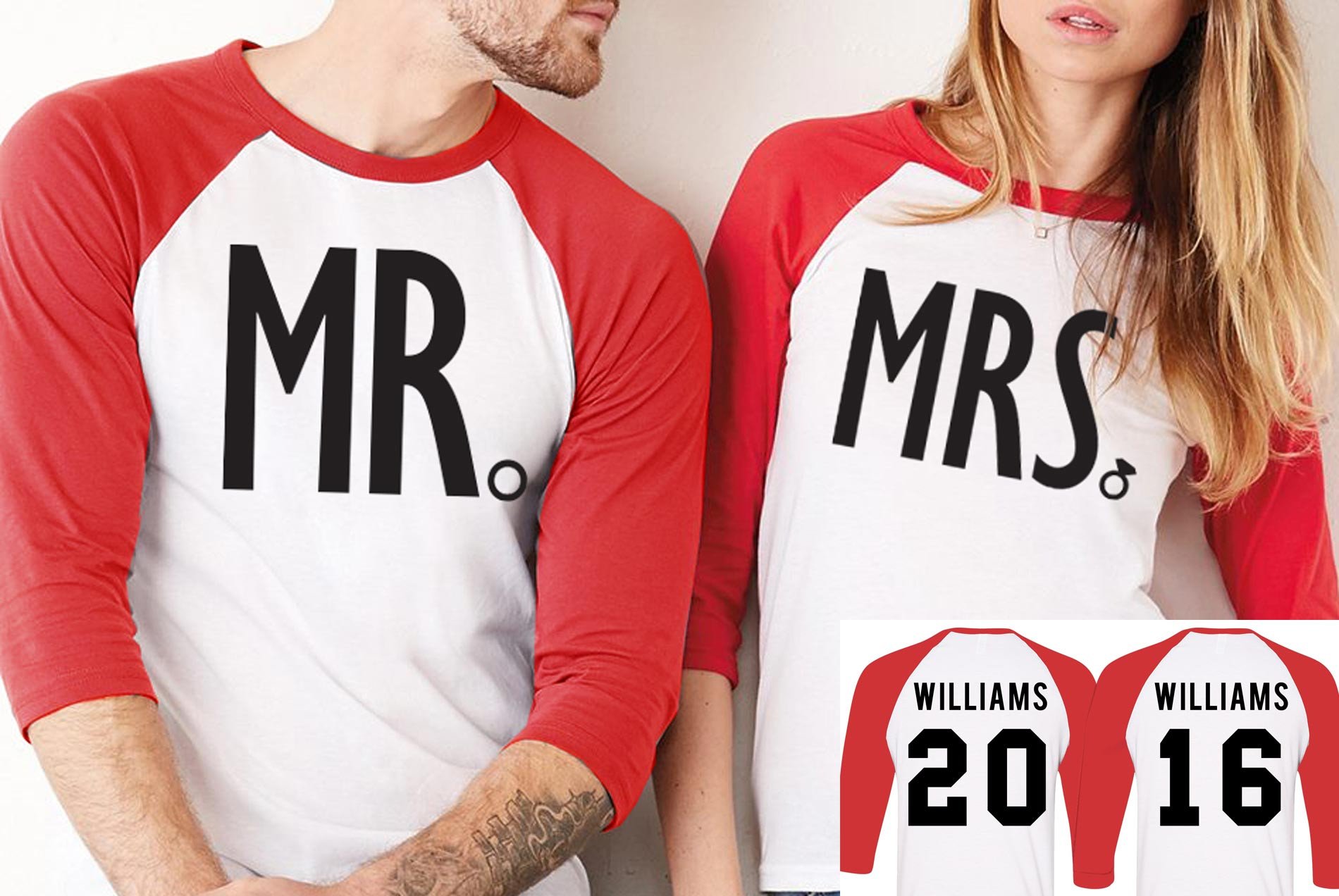 Custom MR + MRS Baseball Tees in various colors with personalized names and numbers, perfect for couples.