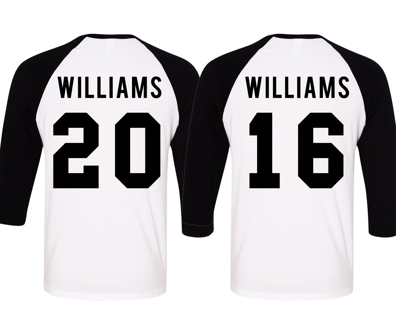Custom MR + MRS Baseball Tees in various colors with personalized names and numbers, perfect for couples.