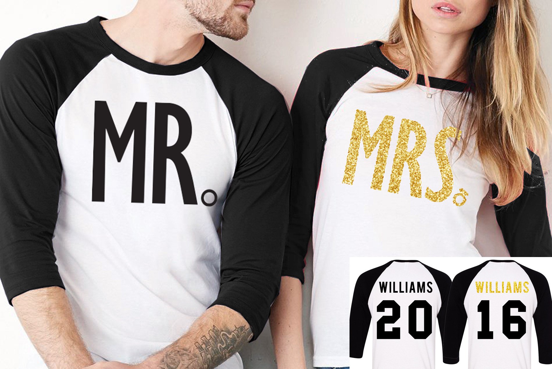 Custom MR + MRS GOLD Baseball Tees in black and navy blue with personalized names and numbers.