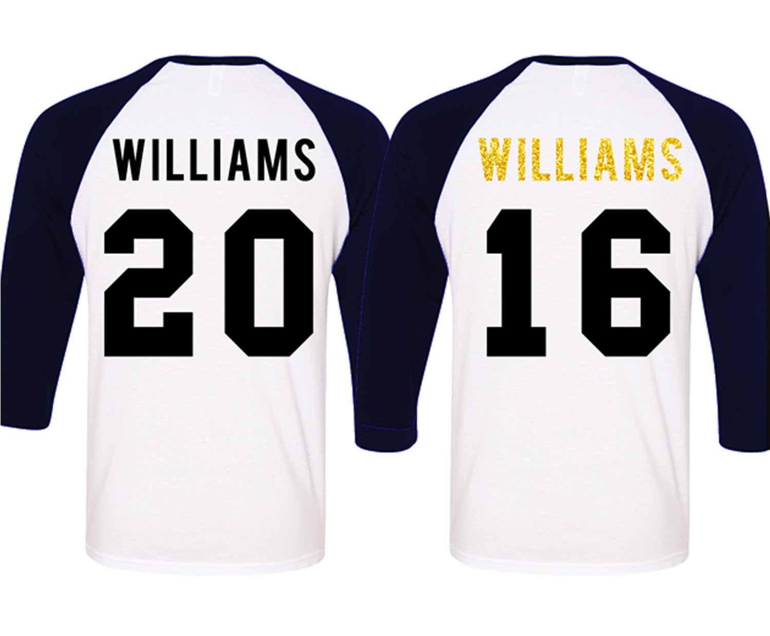 Custom MR + MRS GOLD Baseball Tees in black and navy blue with personalized names and numbers.