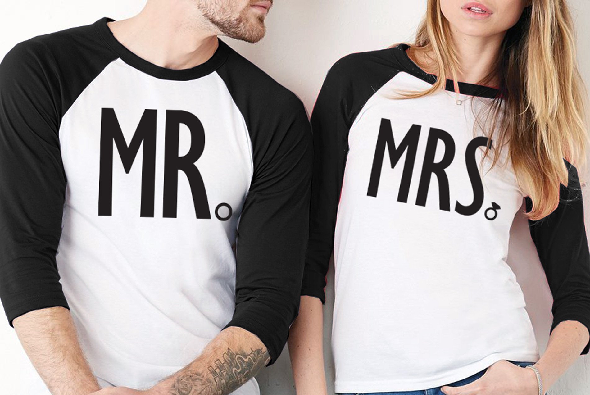 MRS Bride and MR Groom matching baseball tees in black, navy blue, and red colors, showcasing stylish black print.