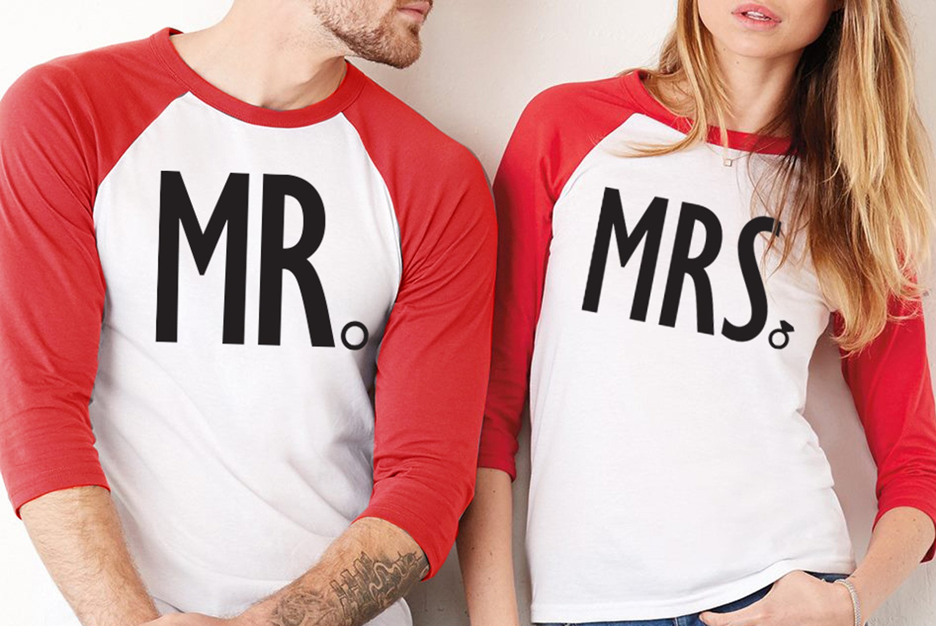MRS Bride and MR Groom matching baseball tees in black, navy blue, and red colors, showcasing stylish black print.