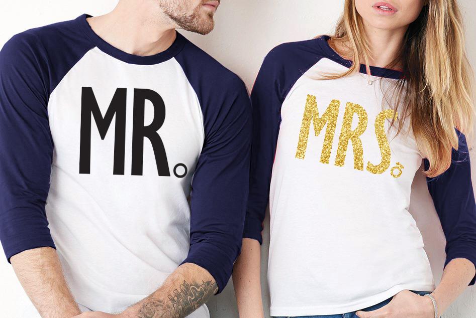 MRS GOLD Bride Shirt and MR Groom Baseball Tees displayed together, showcasing gold glitter and black print designs.