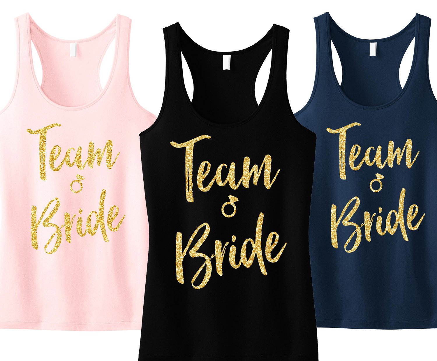 Team Bride Script Tank Top featuring gold glitter design, available in black, blush, and navy blue colors.