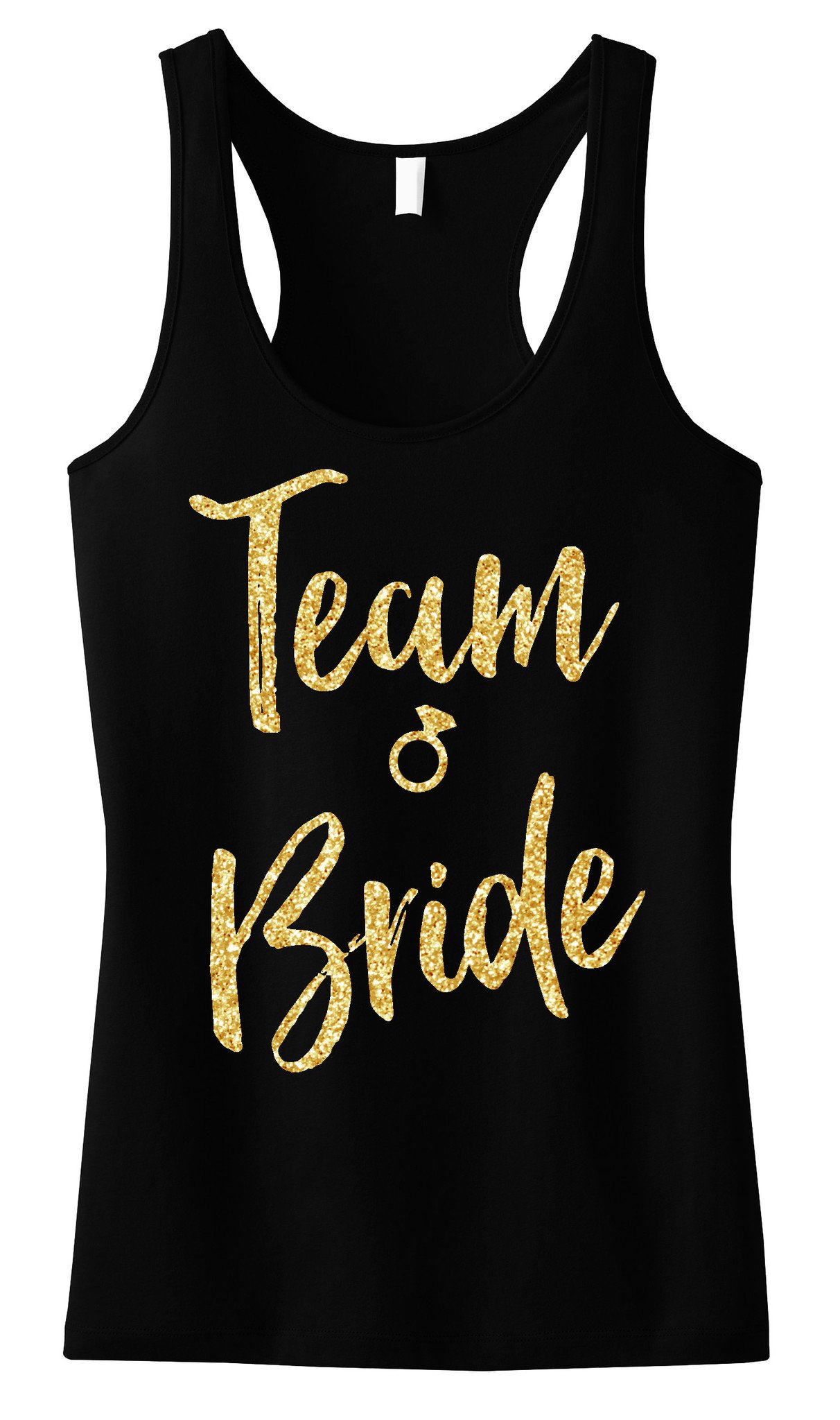 Team Bride Script Tank Top featuring gold glitter design, available in black, blush, and navy blue colors.