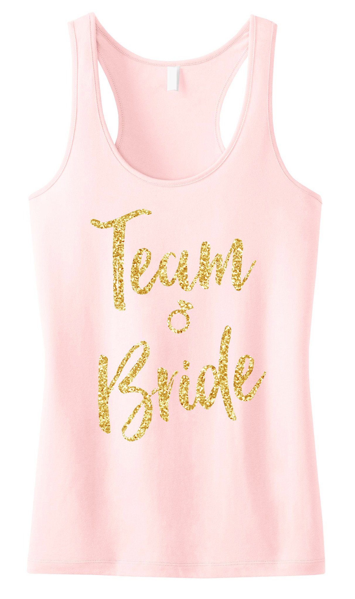 Team Bride Script Tank Top featuring gold glitter design, available in black, blush, and navy blue colors.