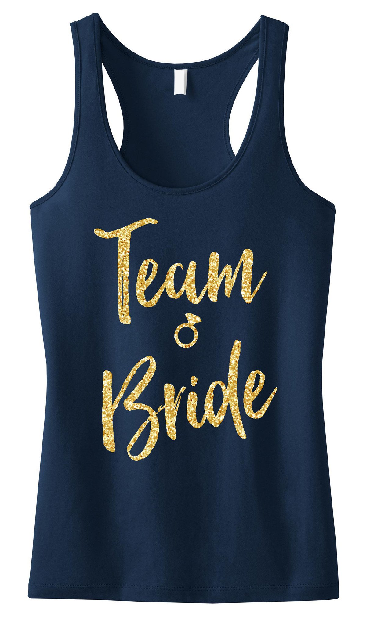 Team Bride Script Tank Top featuring gold glitter design, available in black, blush, and navy blue colors.