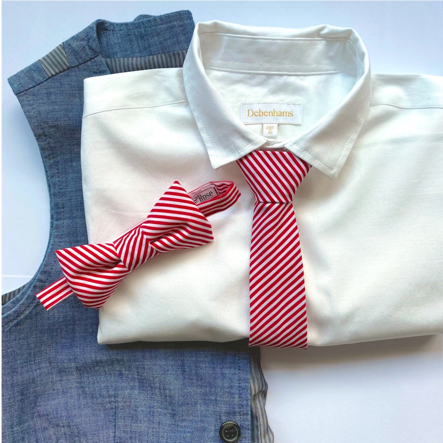 TOMMY Boys Bow Tie in bright red and white stripes, handmade in England with a velcro fastening.