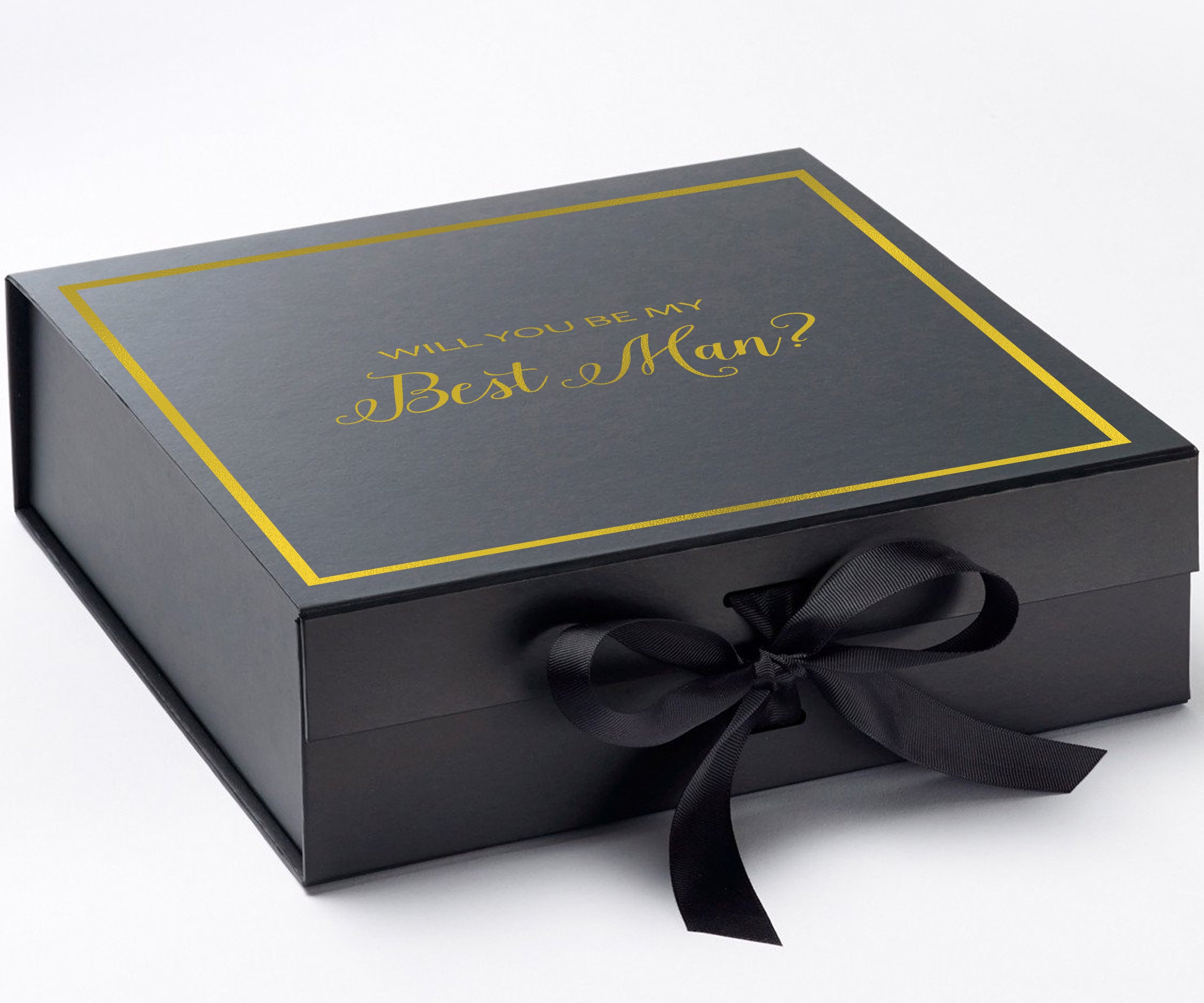 Elegant black proposal box with metallic writing and a black bow, perfect for Best Man gifts.