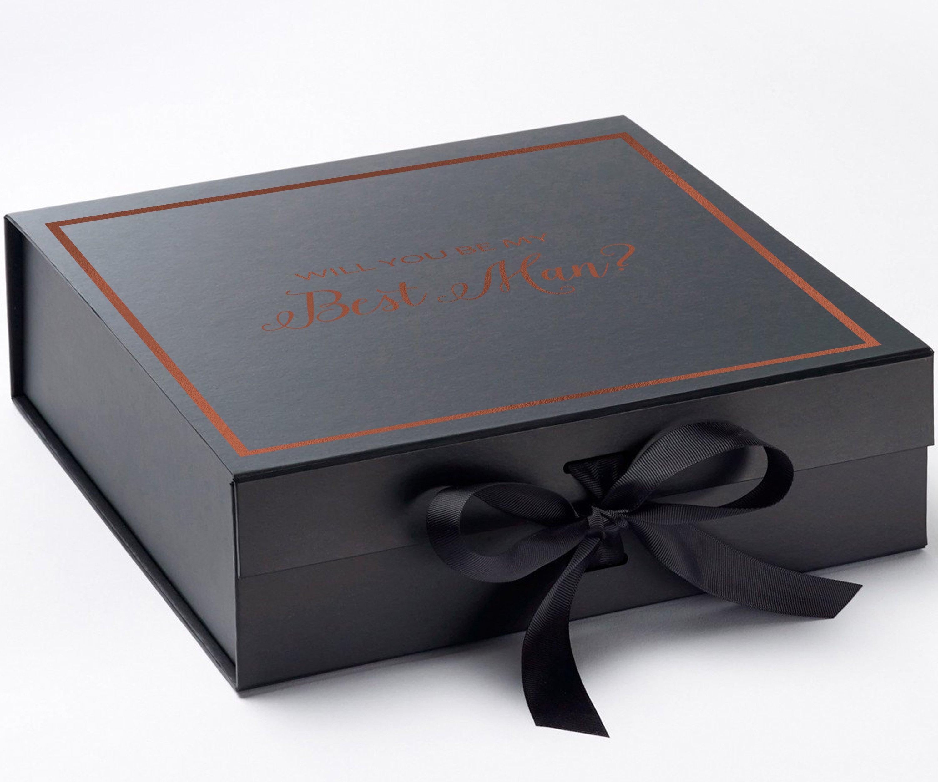 Elegant black proposal box with metallic writing and a black bow, perfect for Best Man gifts.