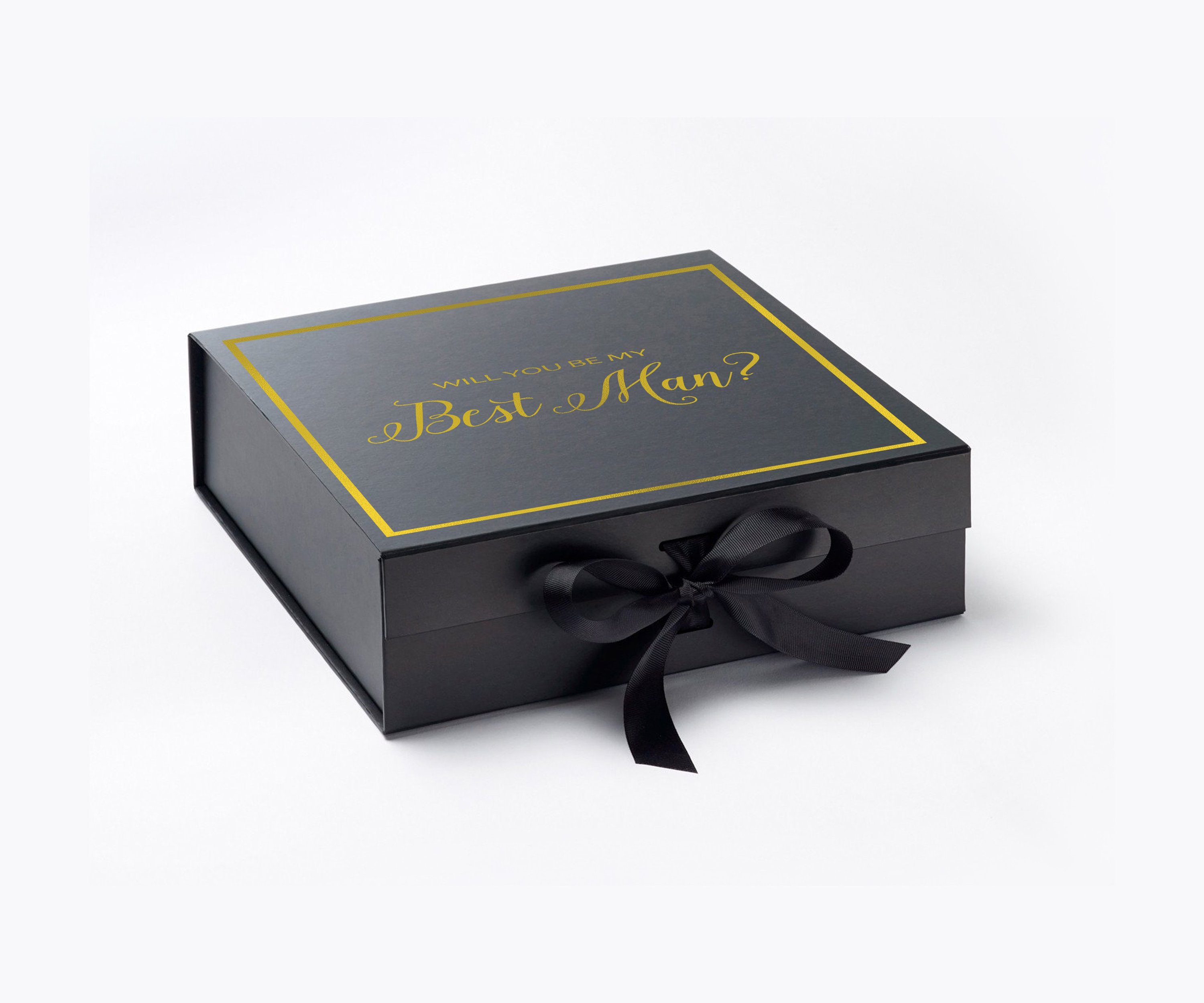 Elegant black proposal box with metallic writing and a black bow, perfect for Best Man gifts.