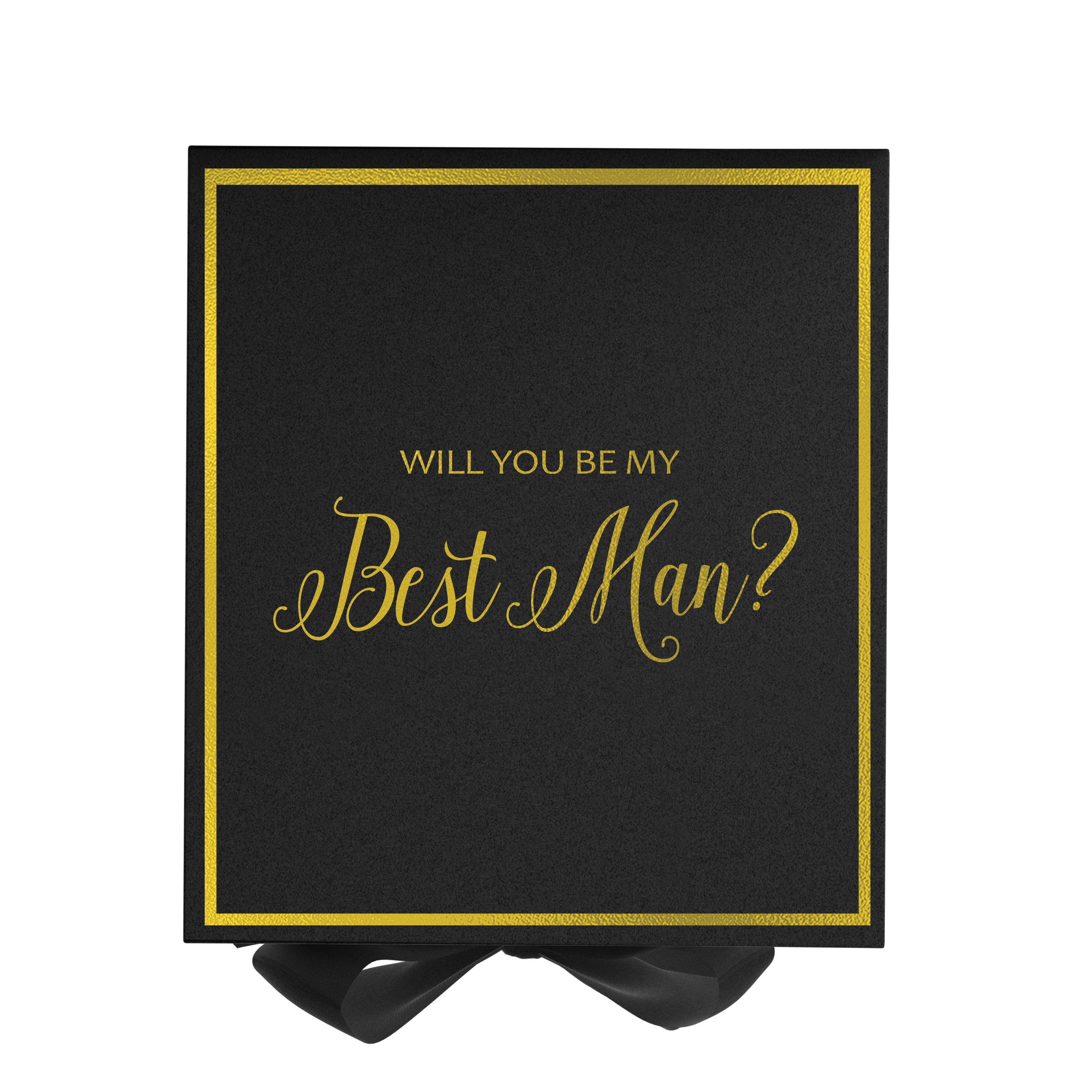 Elegant black proposal box with metallic writing and a black bow, perfect for Best Man gifts.