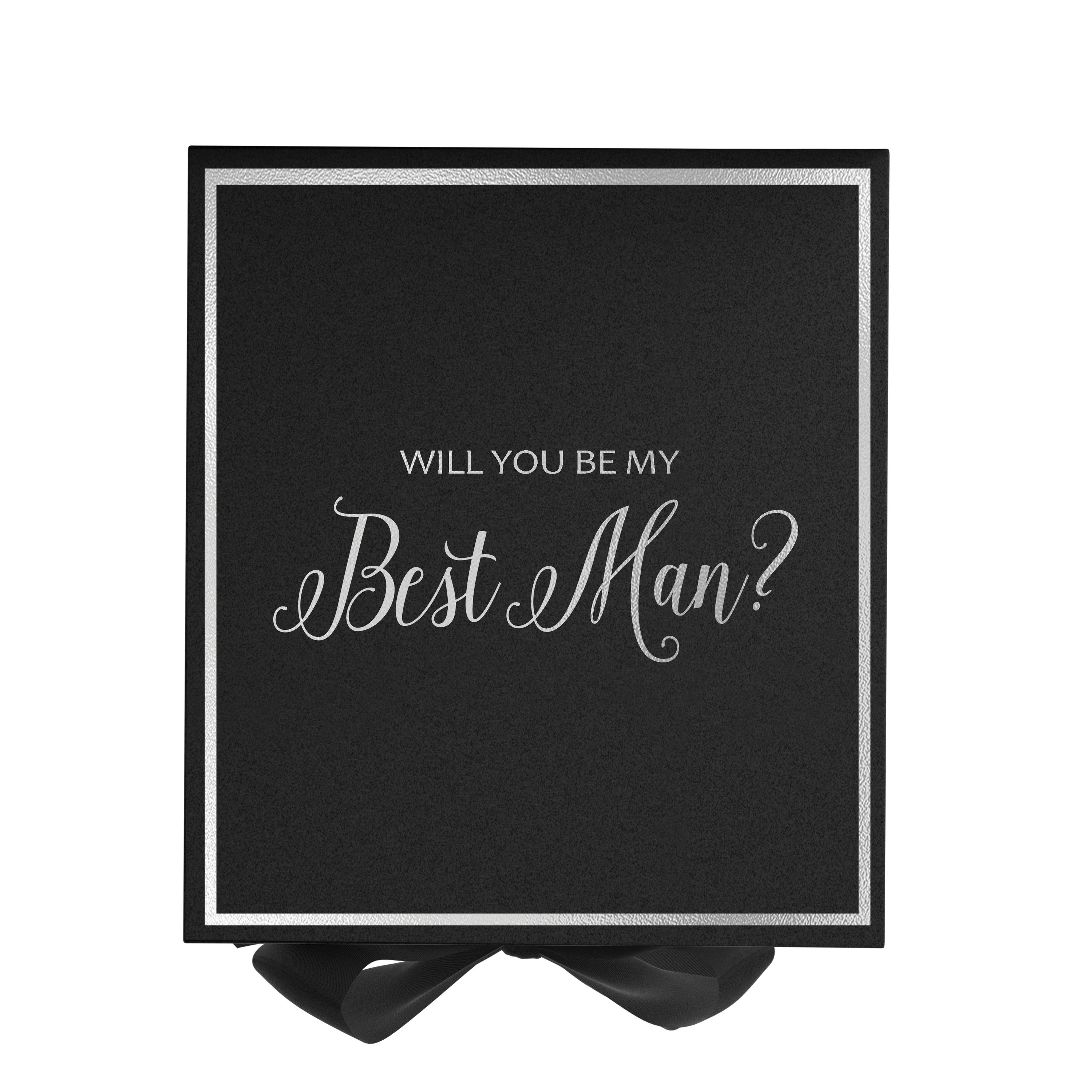 Elegant black proposal box with metallic writing and a black bow, perfect for Best Man gifts.