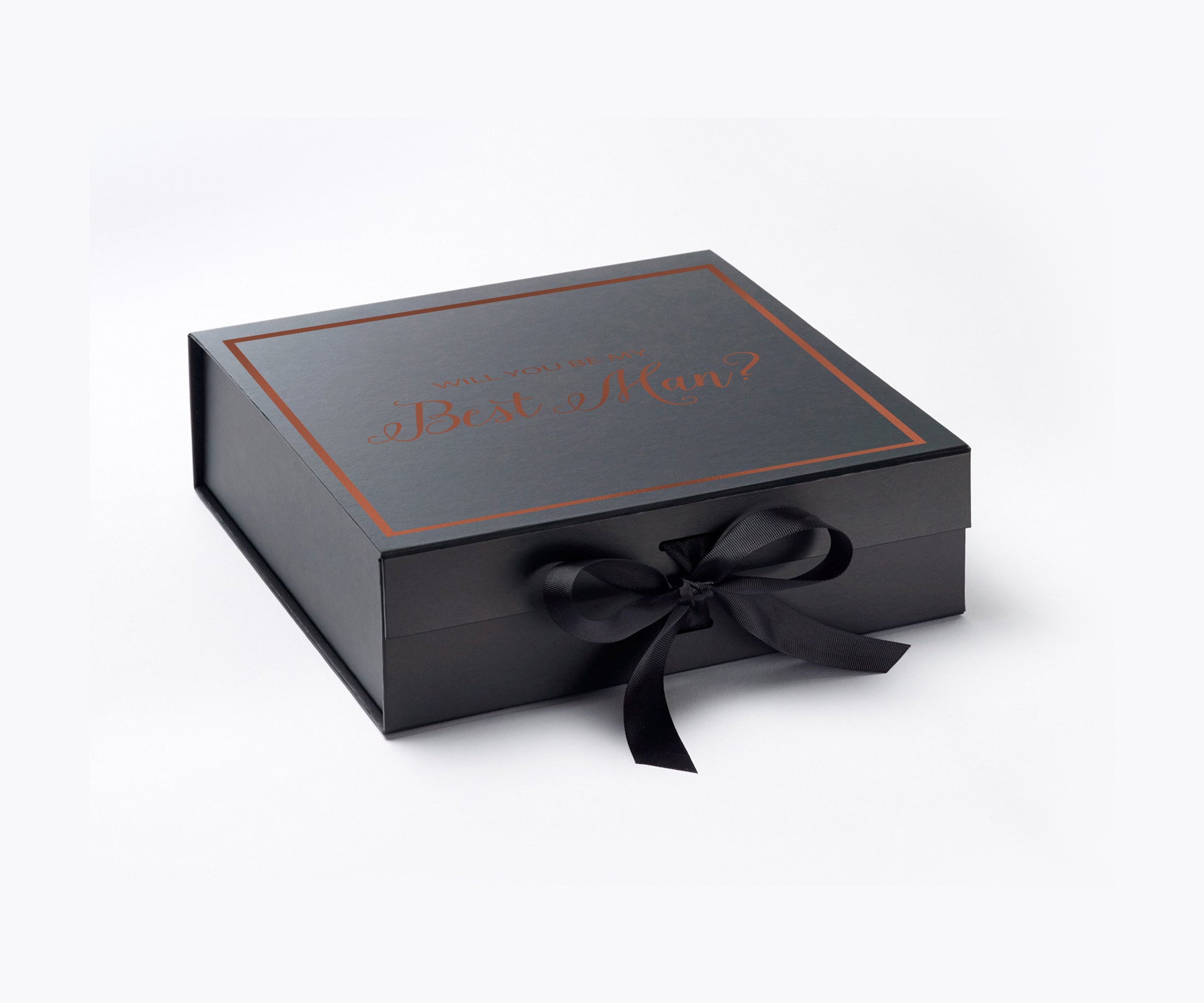 Elegant black proposal box with metallic writing and a black bow, perfect for Best Man gifts.