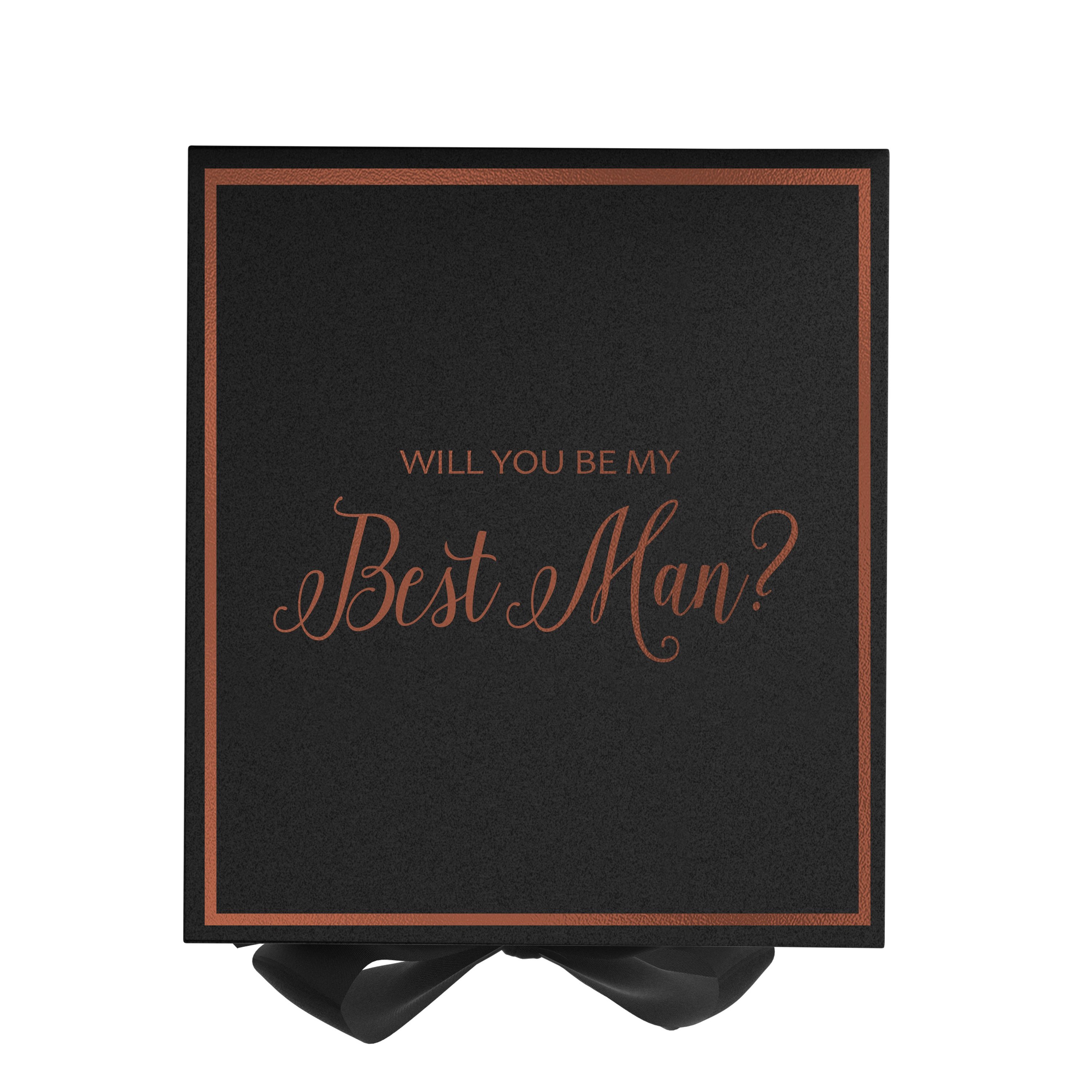 Elegant black proposal box with metallic writing and a black bow, perfect for Best Man gifts.