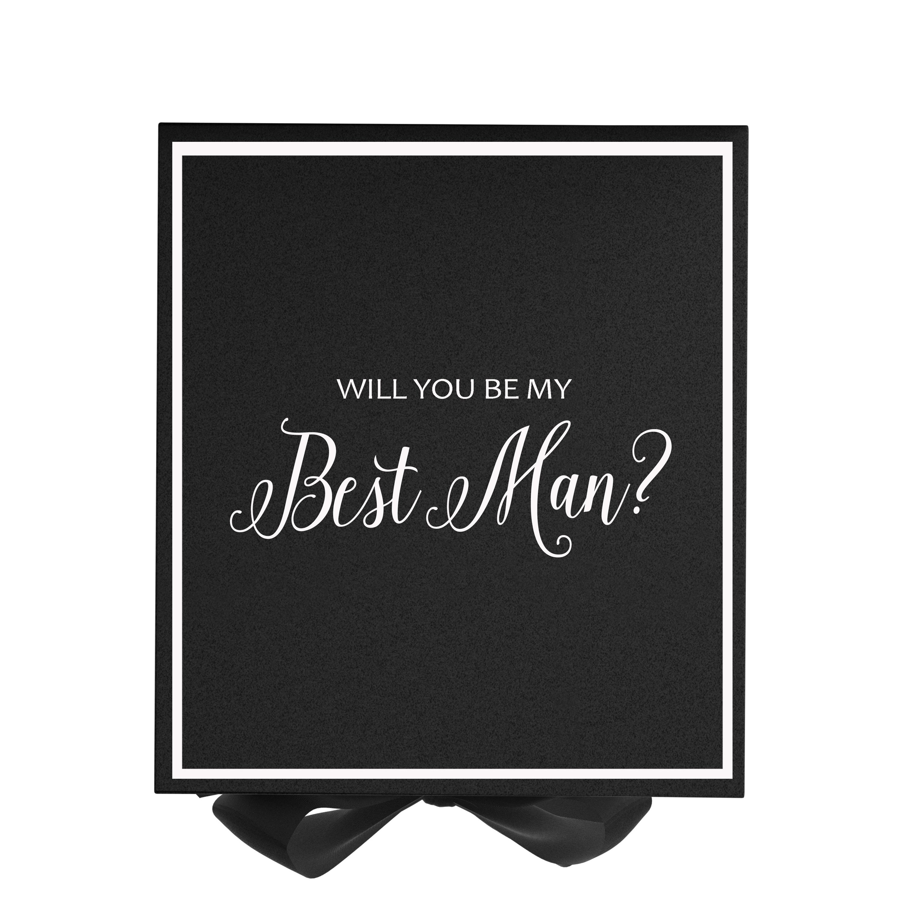 Elegant black proposal box with metallic writing and a black bow, perfect for Best Man gifts.