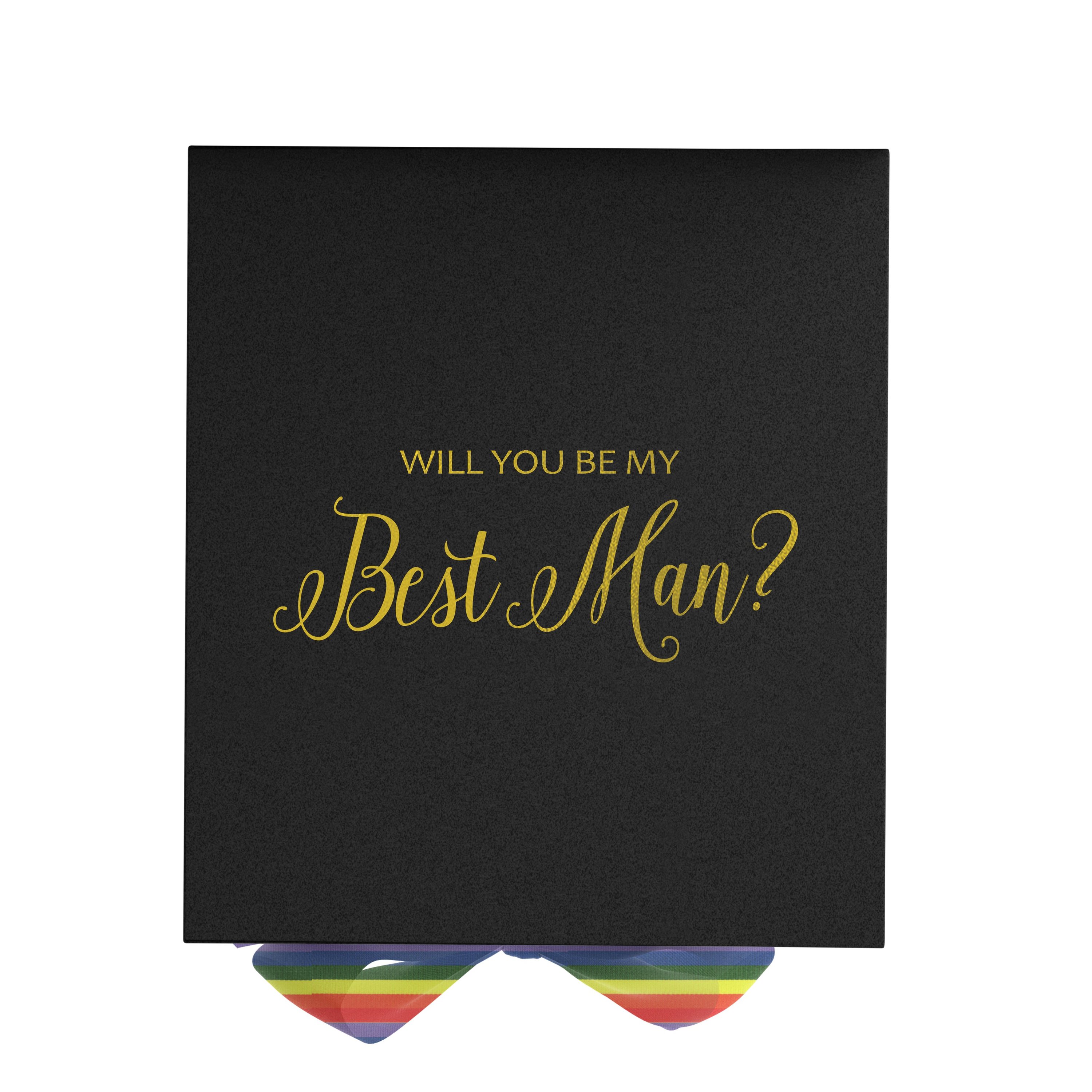 Elegant black proposal box with metallic writing and rainbow bow, perfect for Best Man proposals.