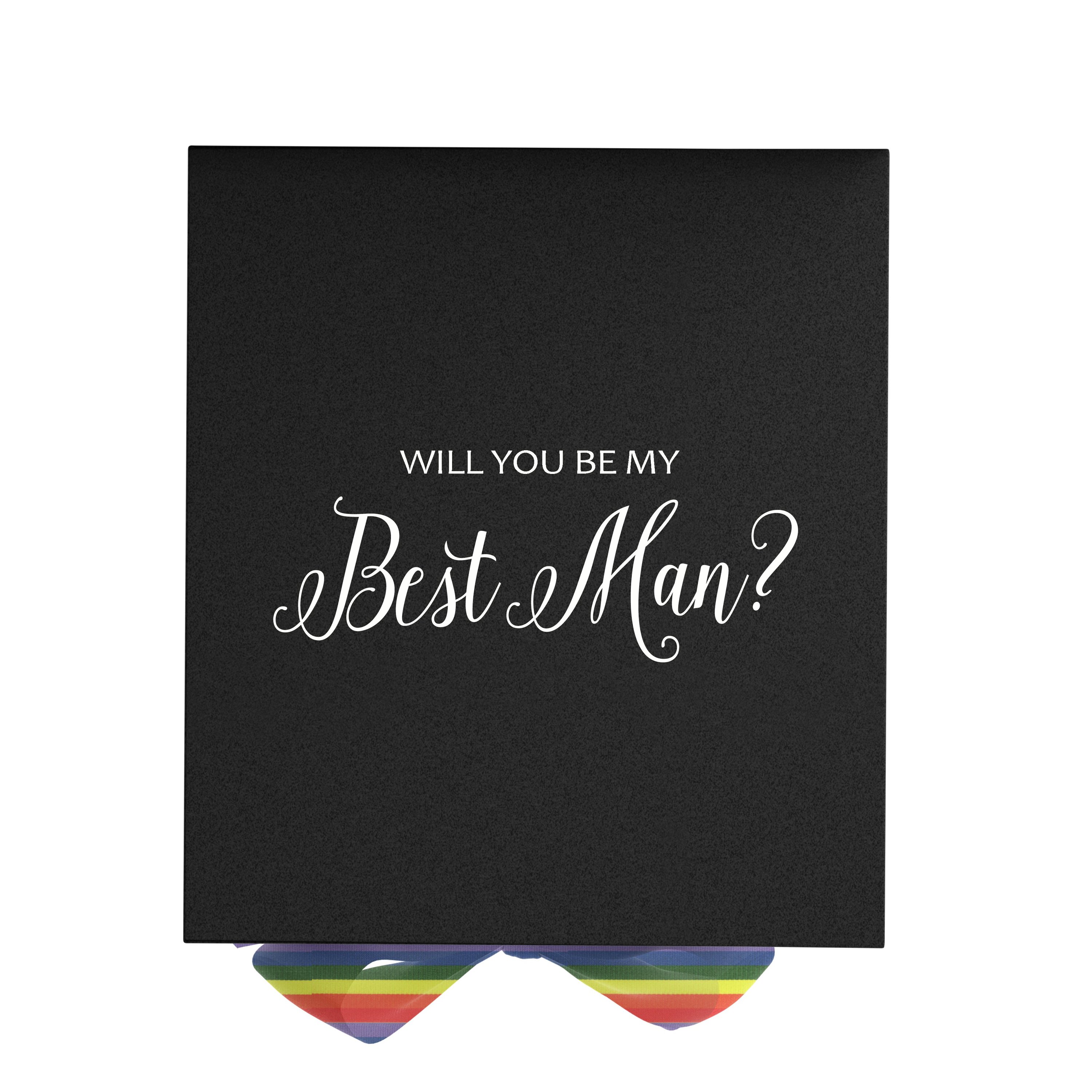Elegant black proposal box with metallic writing and rainbow bow, perfect for Best Man proposals.
