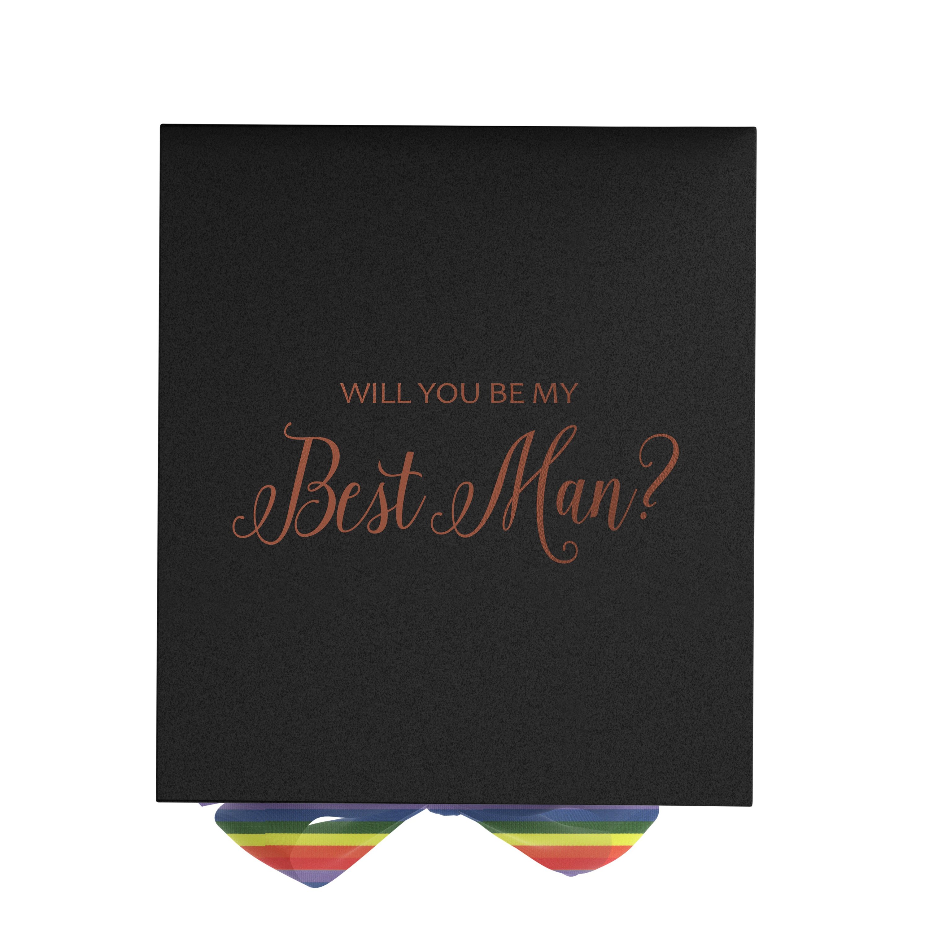 Elegant black proposal box with metallic writing and rainbow bow, perfect for Best Man proposals.