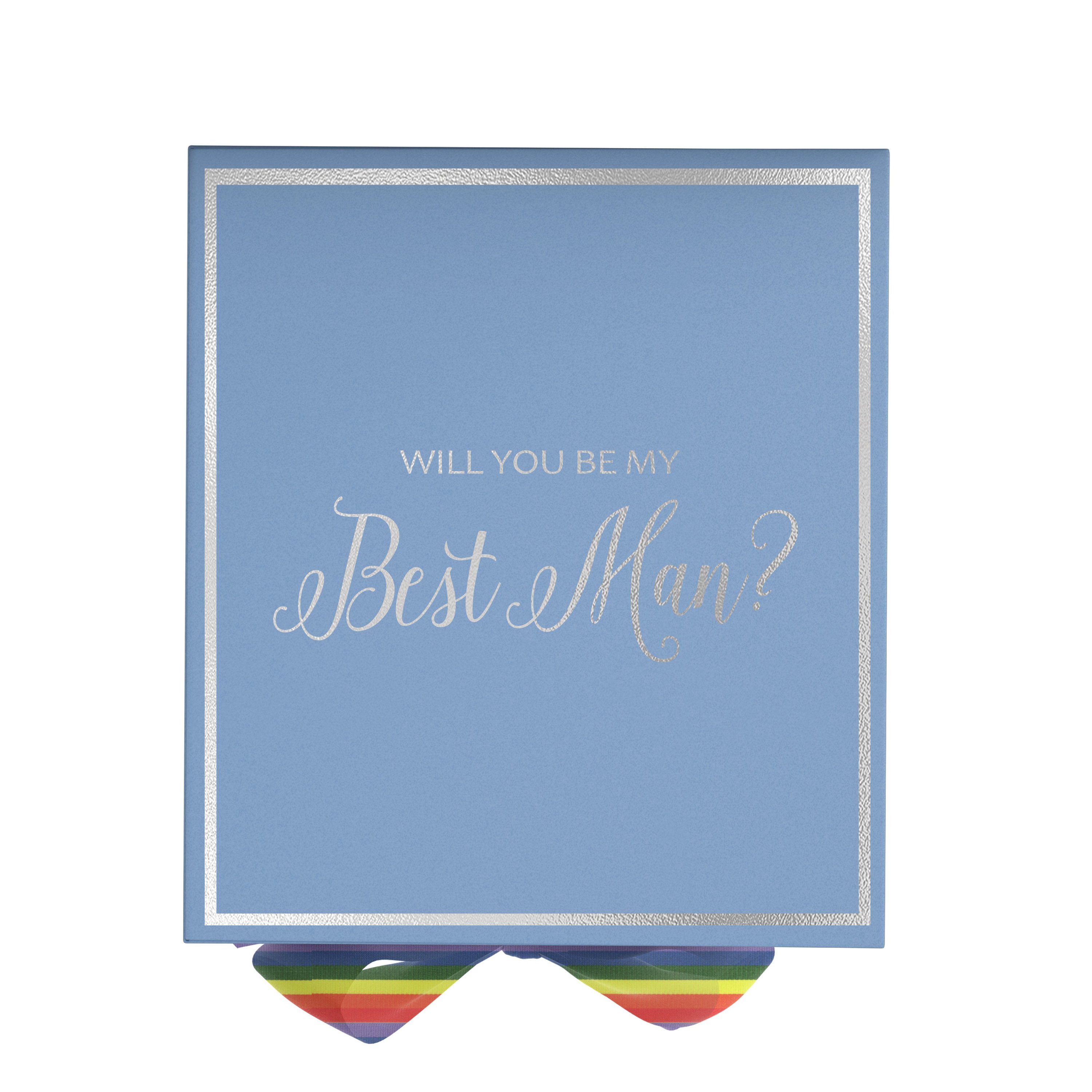 Light blue proposal box with metallic writing and rainbow bow, perfect for asking someone to be your Best Man.