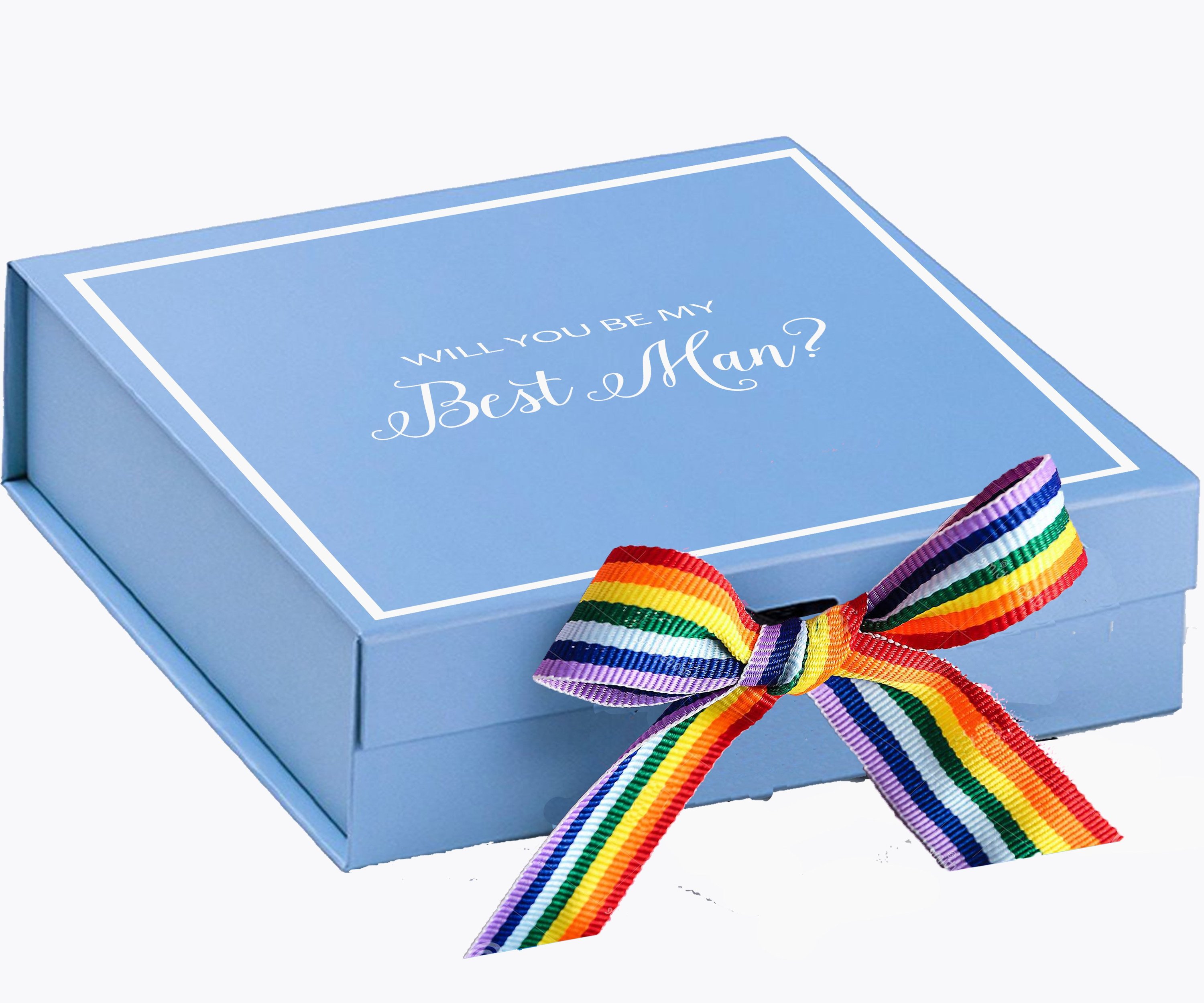 Light blue proposal box with metallic writing and rainbow bow, perfect for asking someone to be your Best Man.