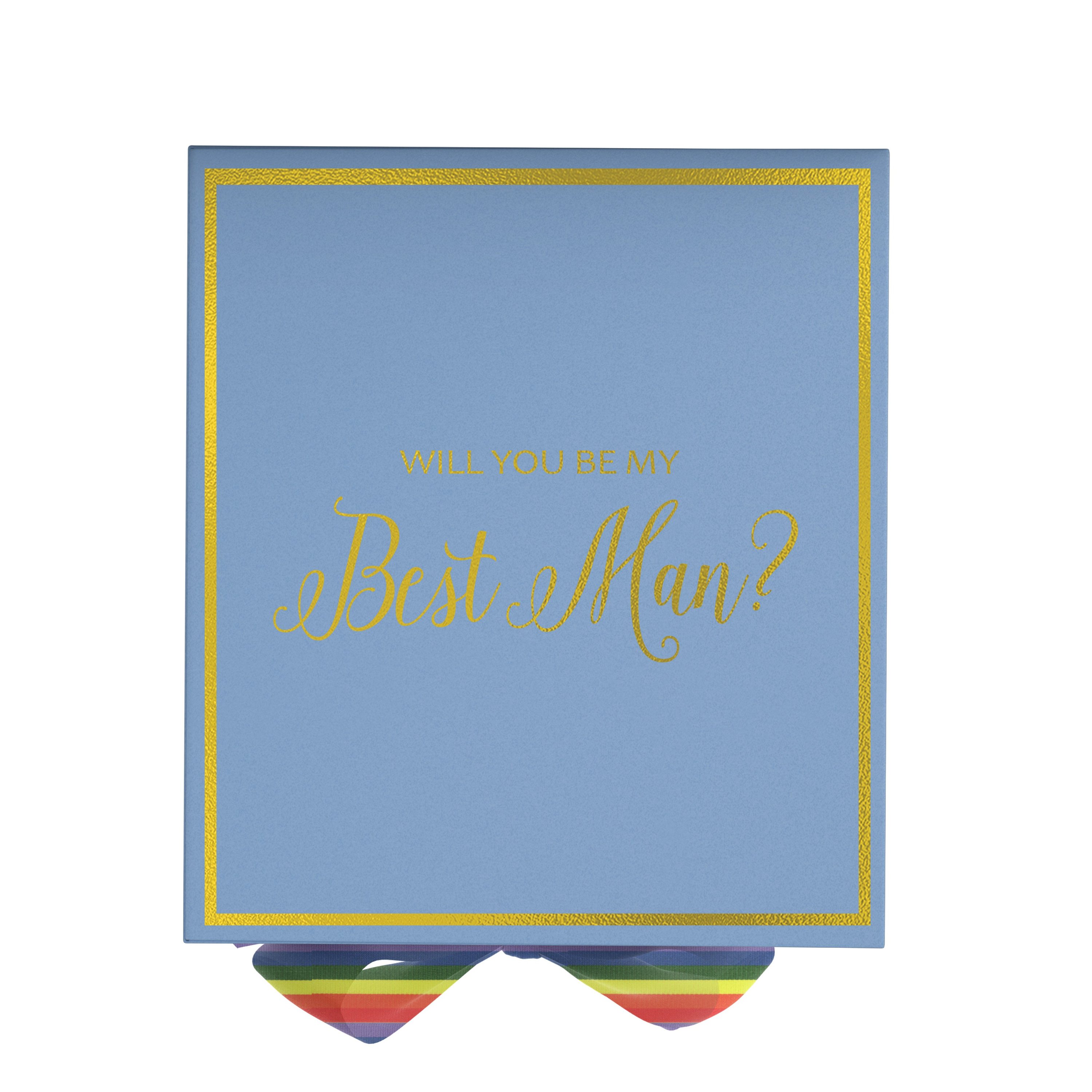 Light blue proposal box with metallic writing and rainbow bow, perfect for asking someone to be your Best Man.