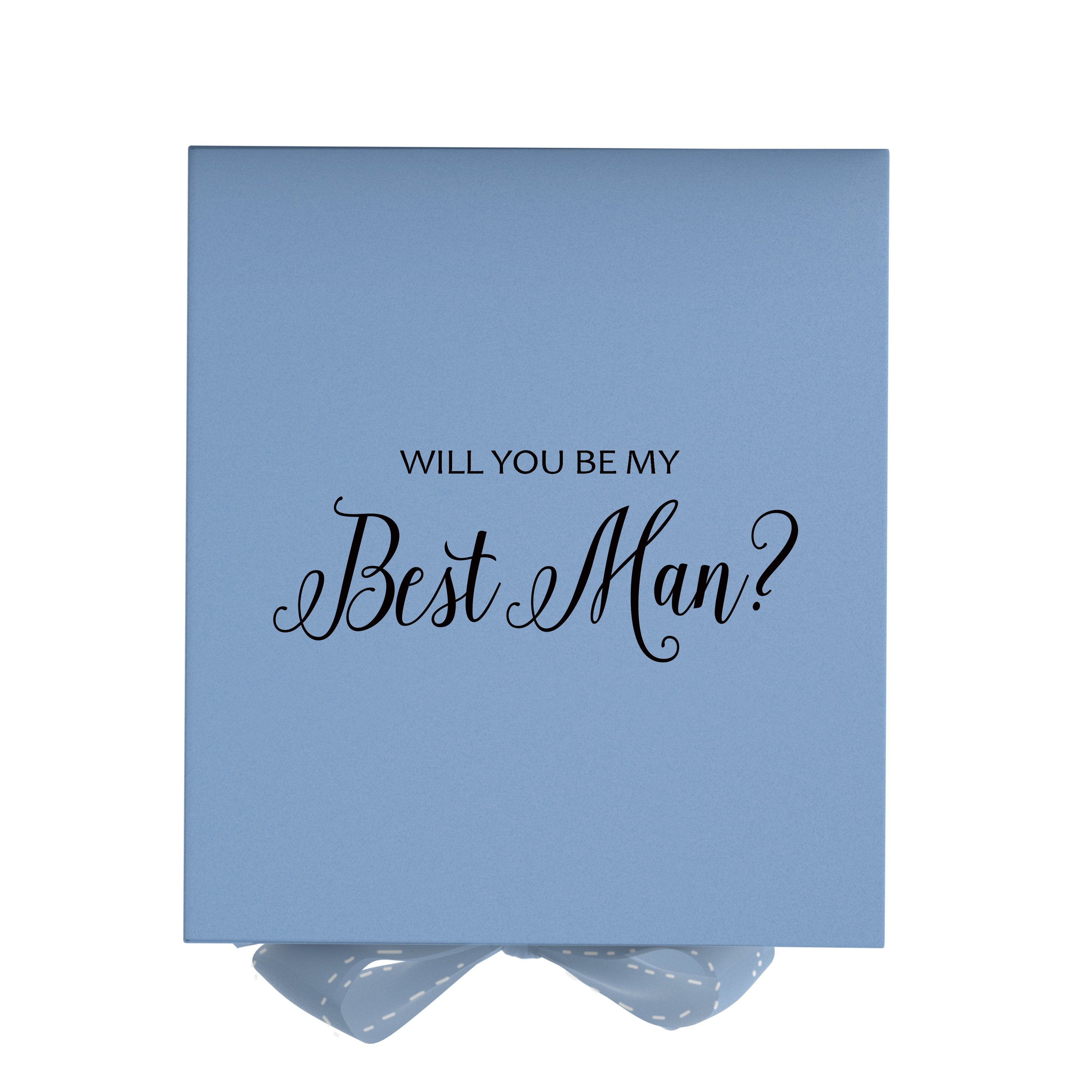 Light blue proposal box with a bow and metallic writing, showcasing its elegant design and luxurious finish.