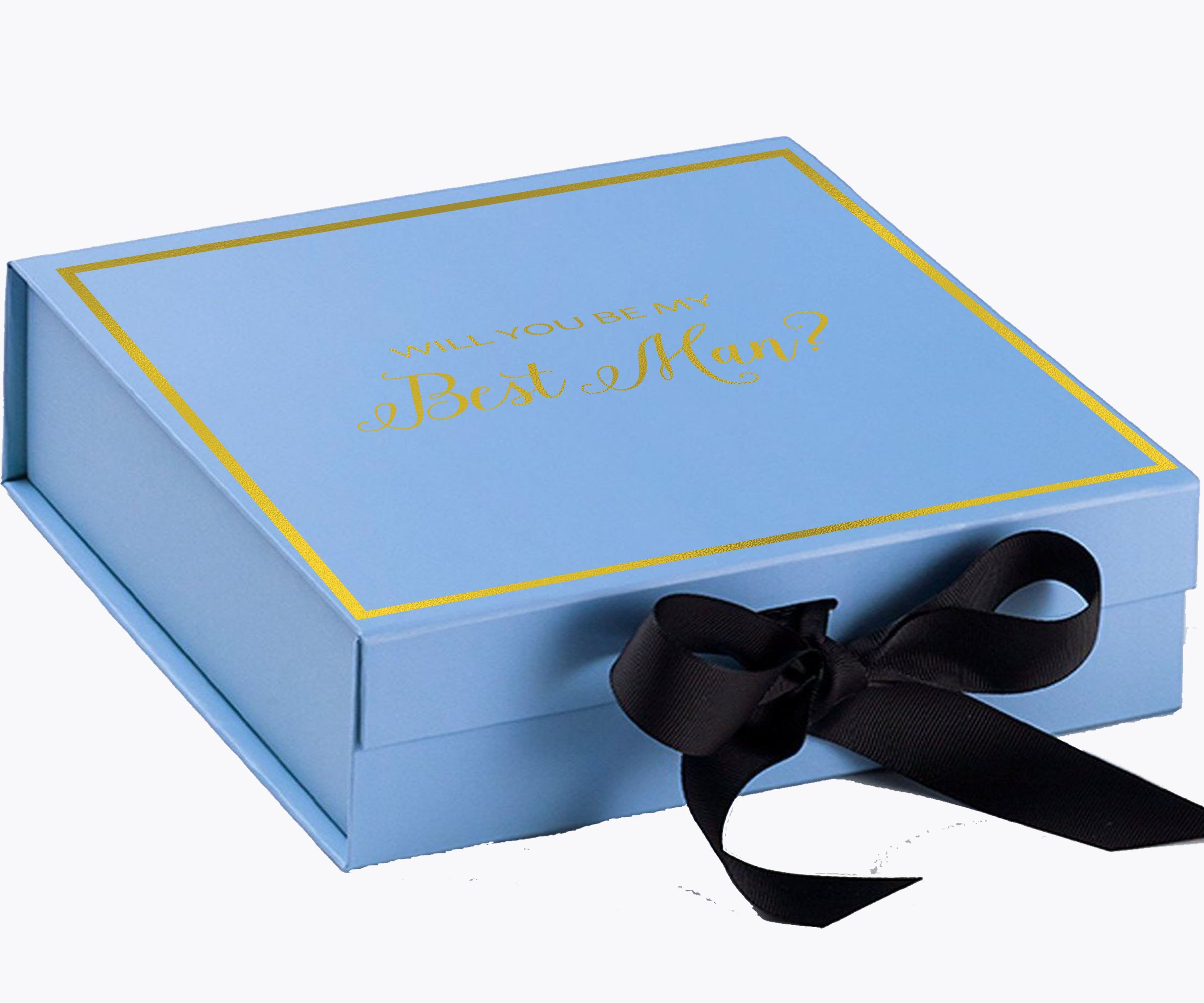 Light blue proposal box with black bow, featuring metallic writing on the lid, perfect for asking your Best Man.