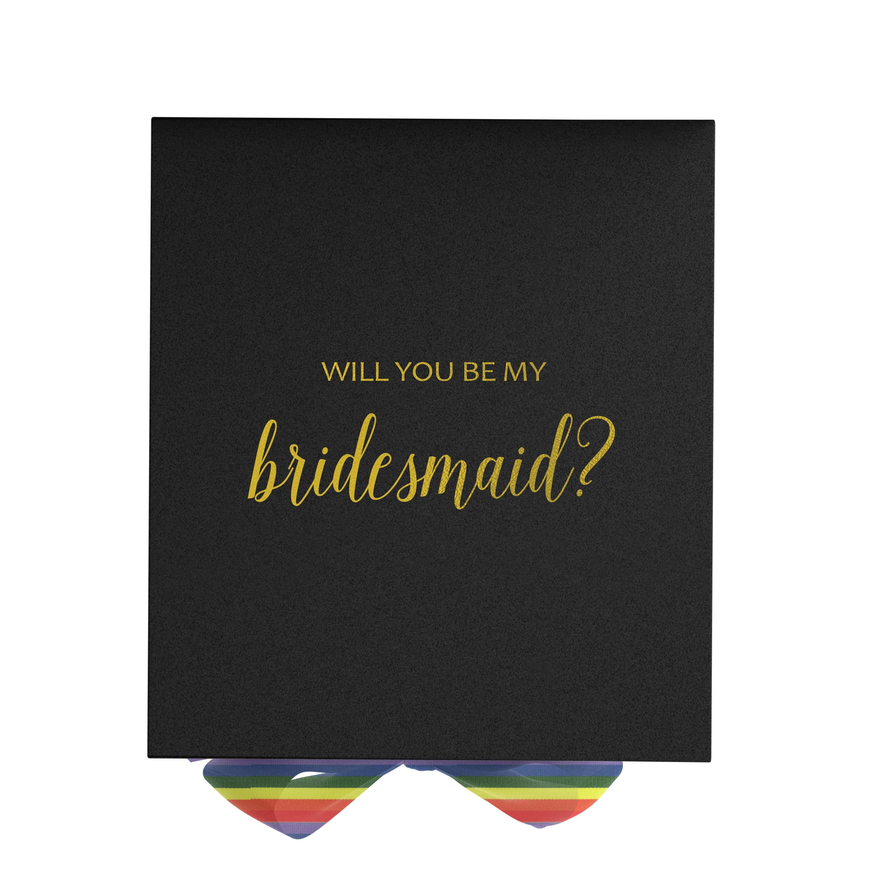 Elegant black bridesmaid proposal box with metallic writing and a rainbow bow, showcasing its luxurious design.