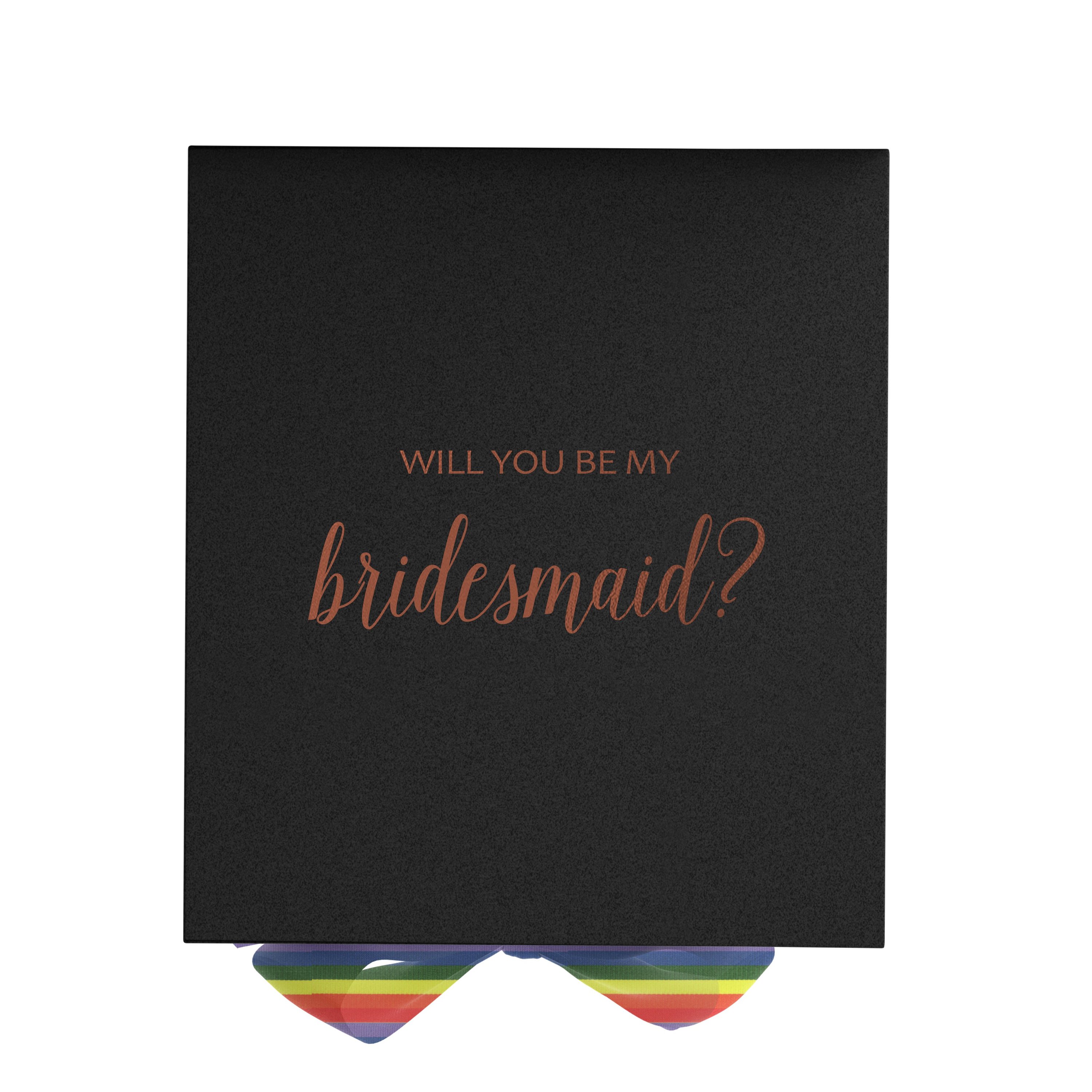 Elegant black bridesmaid proposal box with metallic writing and a rainbow bow, showcasing its luxurious design.