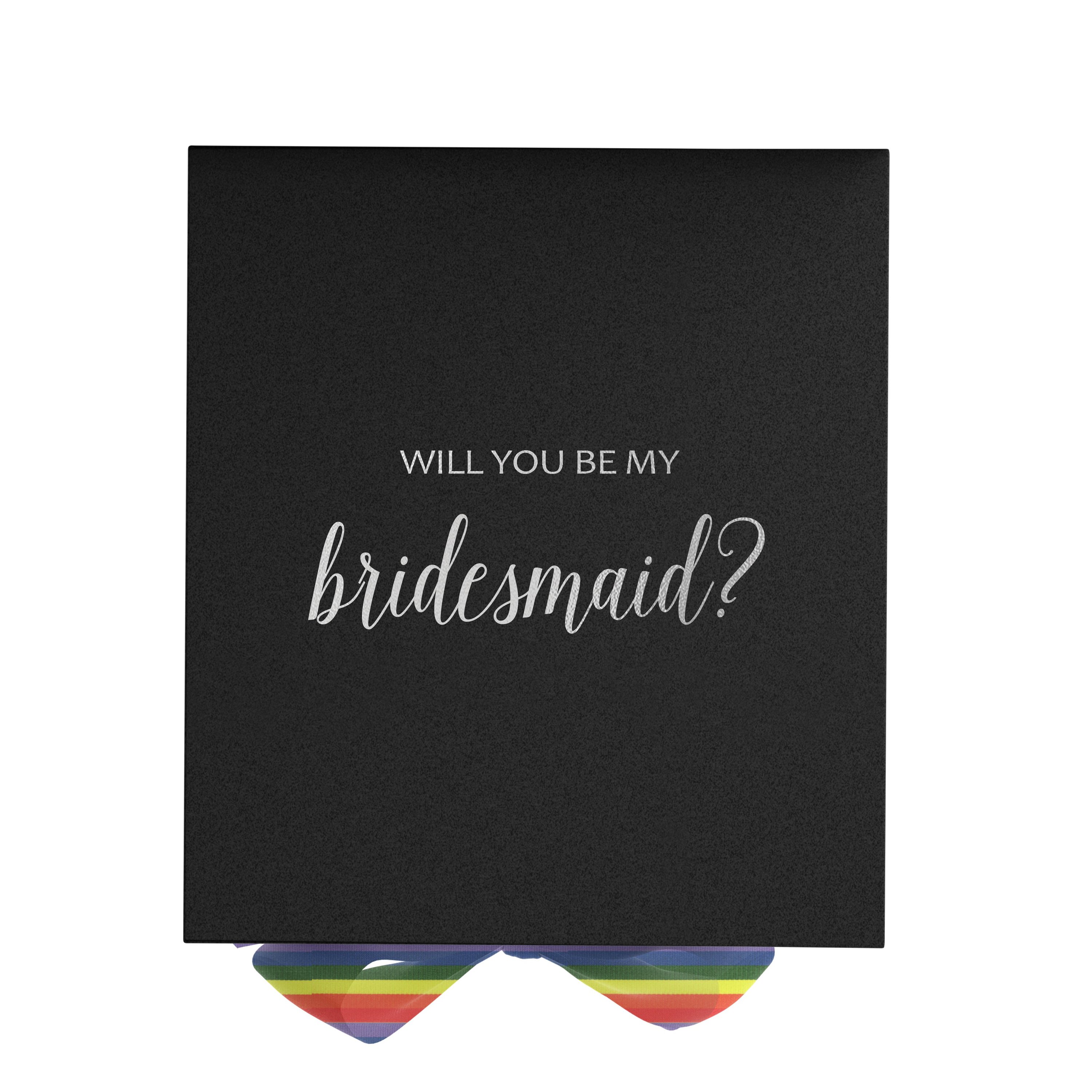 Elegant black bridesmaid proposal box with metallic writing and a rainbow bow, showcasing its luxurious design.