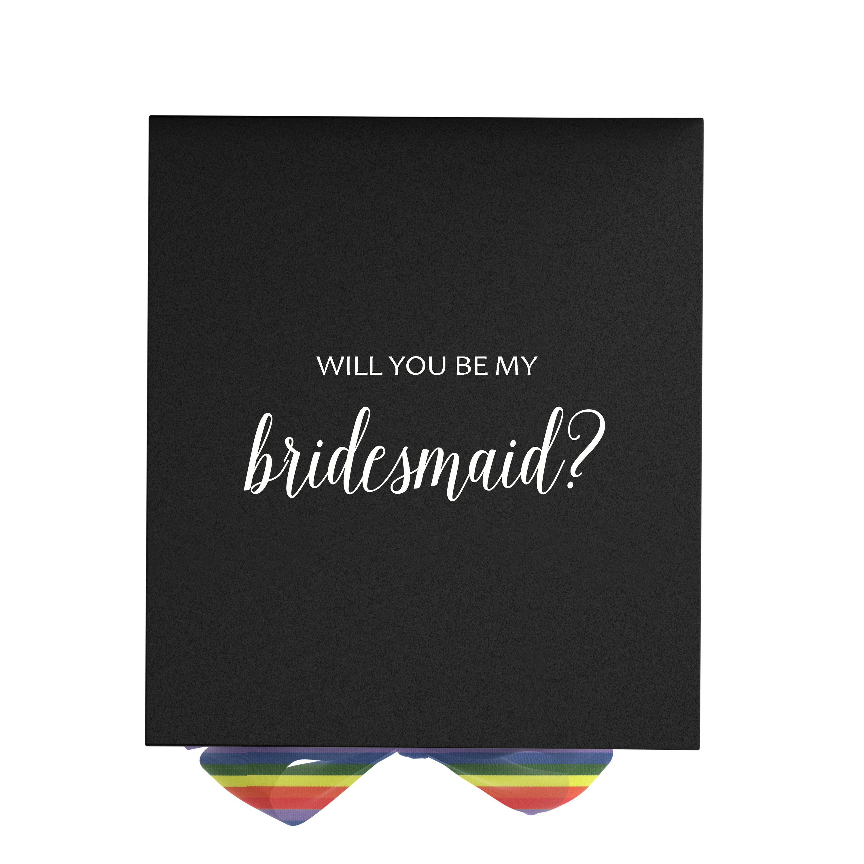 Elegant black bridesmaid proposal box with metallic writing and a rainbow bow, showcasing its luxurious design.