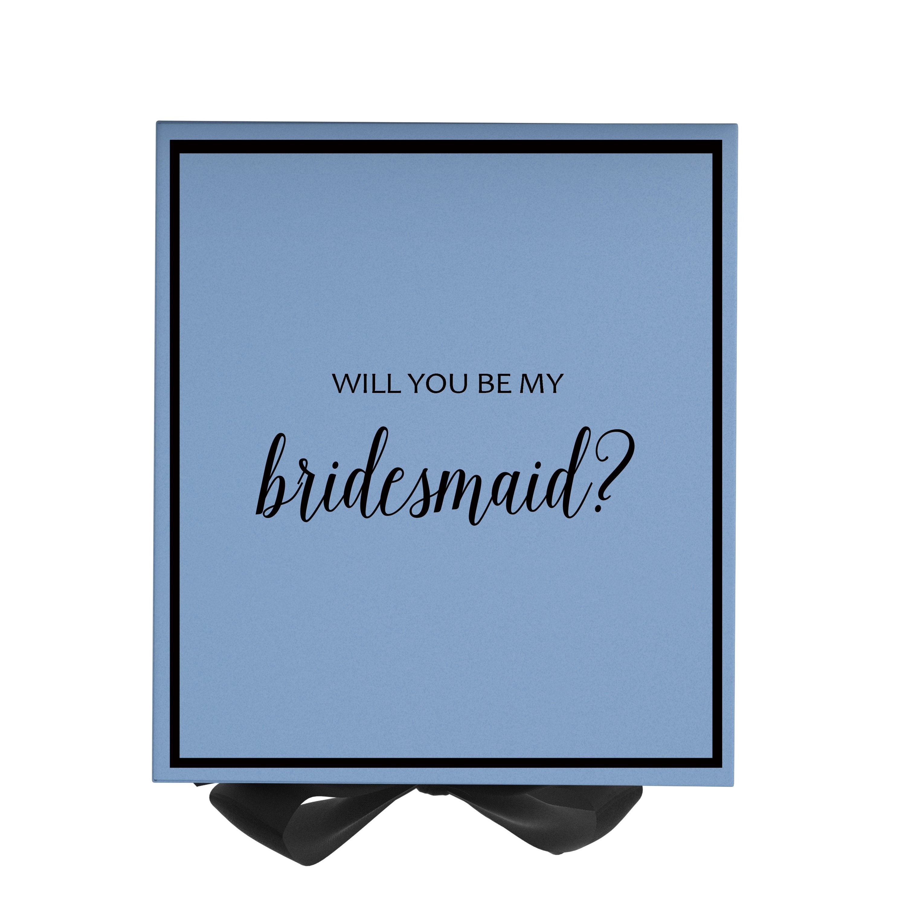 Light blue bridesmaid proposal box with black bow and metallic writing on the lid, showcasing elegant design and quality craftsmanship.