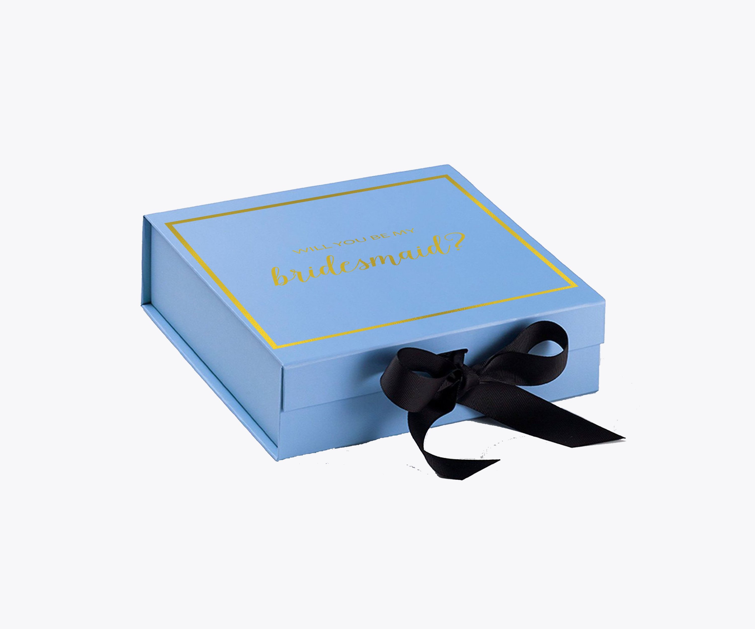 Light blue bridesmaid proposal box with black bow and metallic writing on the lid, showcasing elegant design and quality craftsmanship.