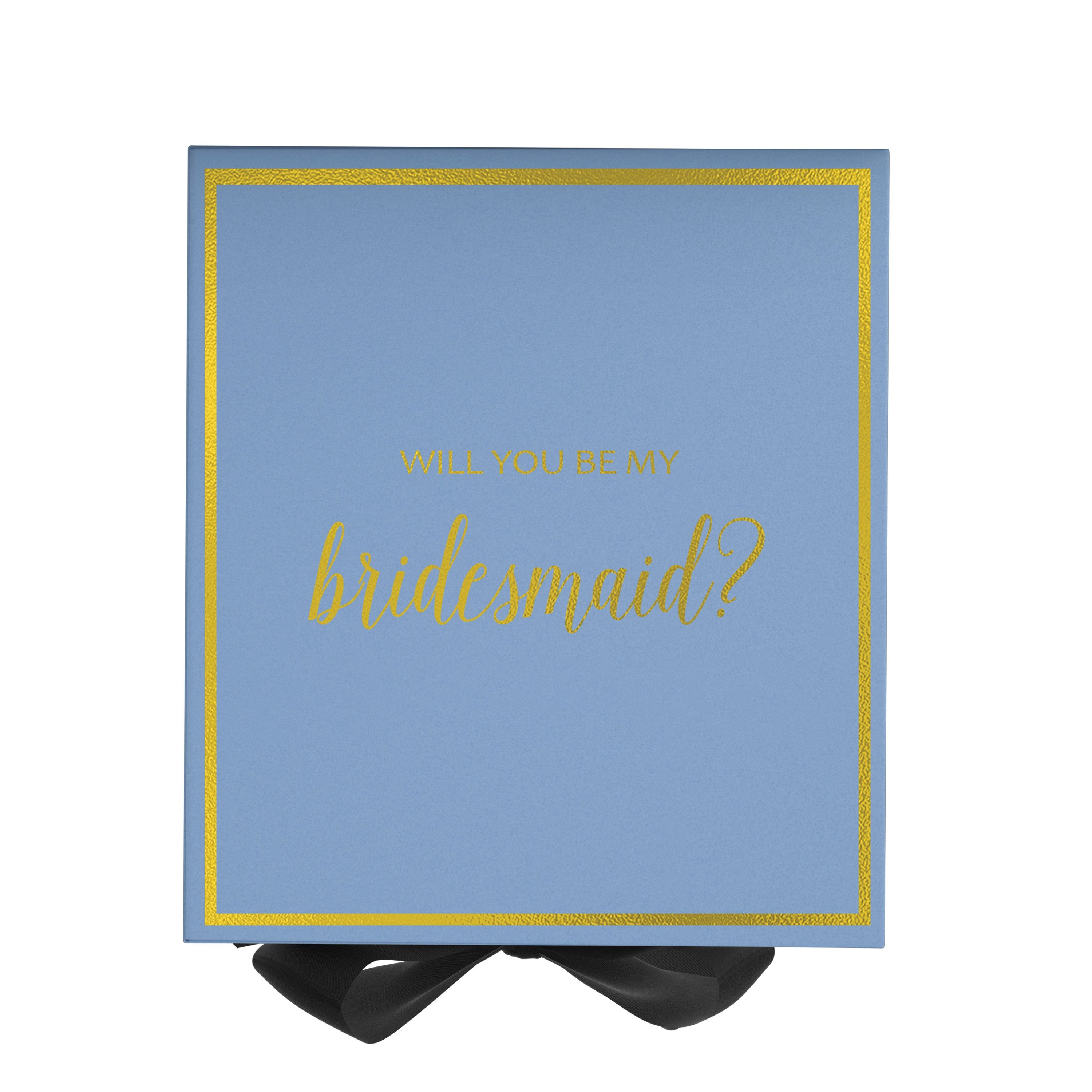 Light blue bridesmaid proposal box with black bow and metallic writing on the lid, showcasing elegant design and quality craftsmanship.