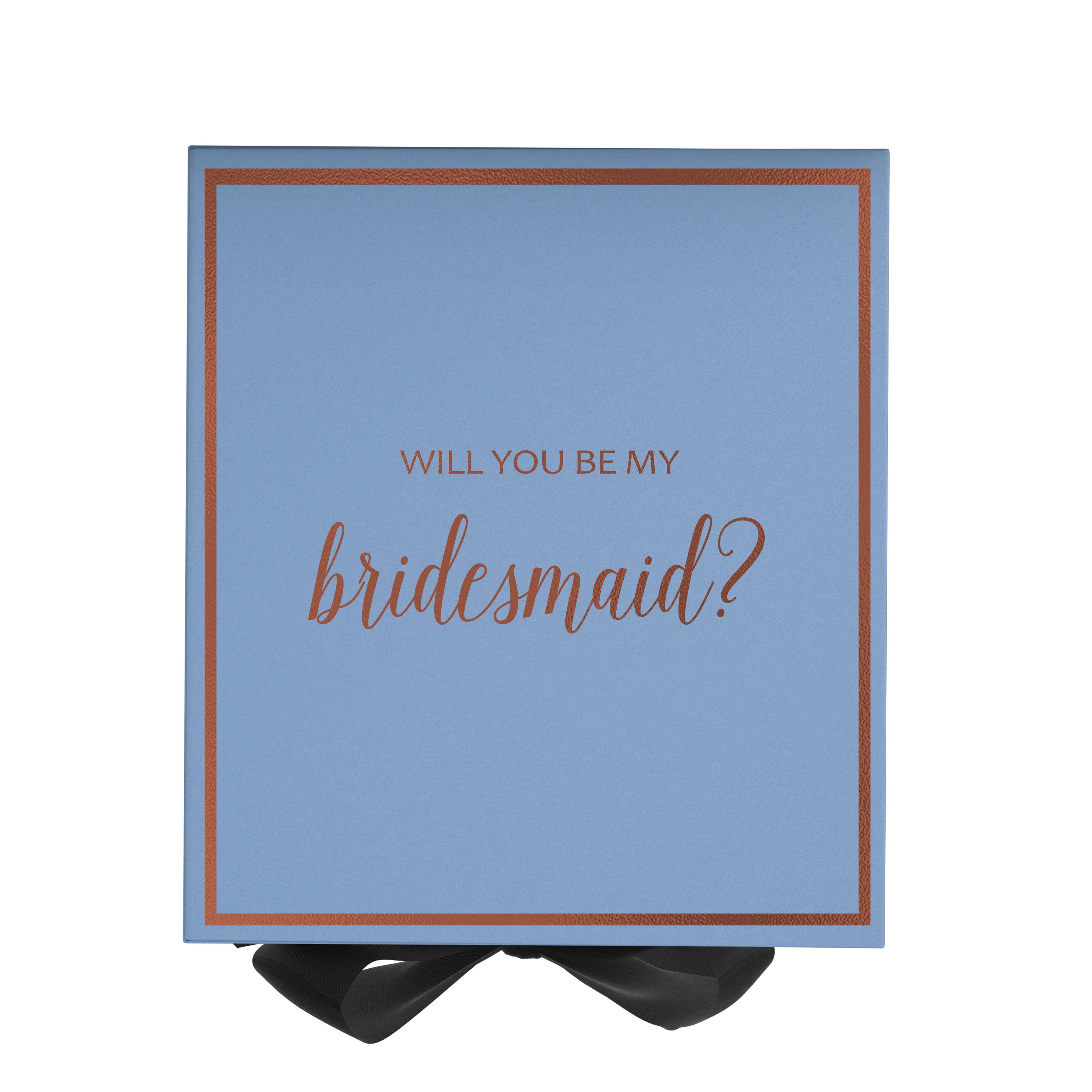 Light blue bridesmaid proposal box with black bow and metallic writing on the lid, showcasing elegant design and quality craftsmanship.