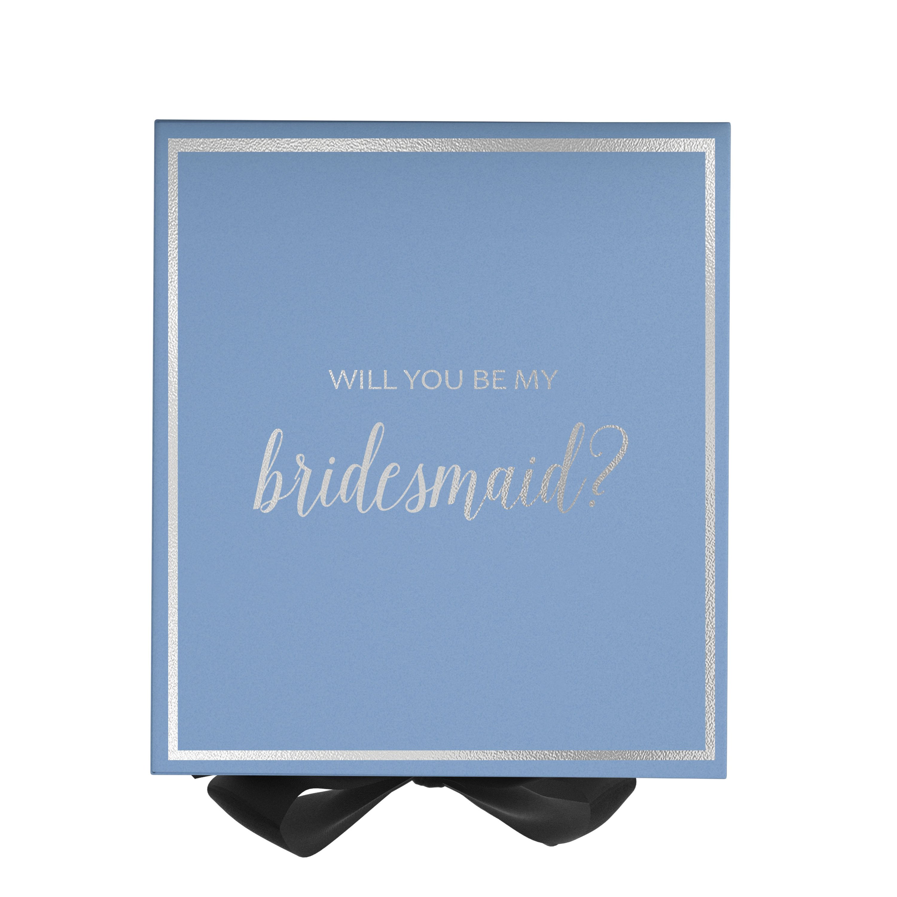 Light blue bridesmaid proposal box with black bow and metallic writing on the lid, showcasing elegant design and quality craftsmanship.
