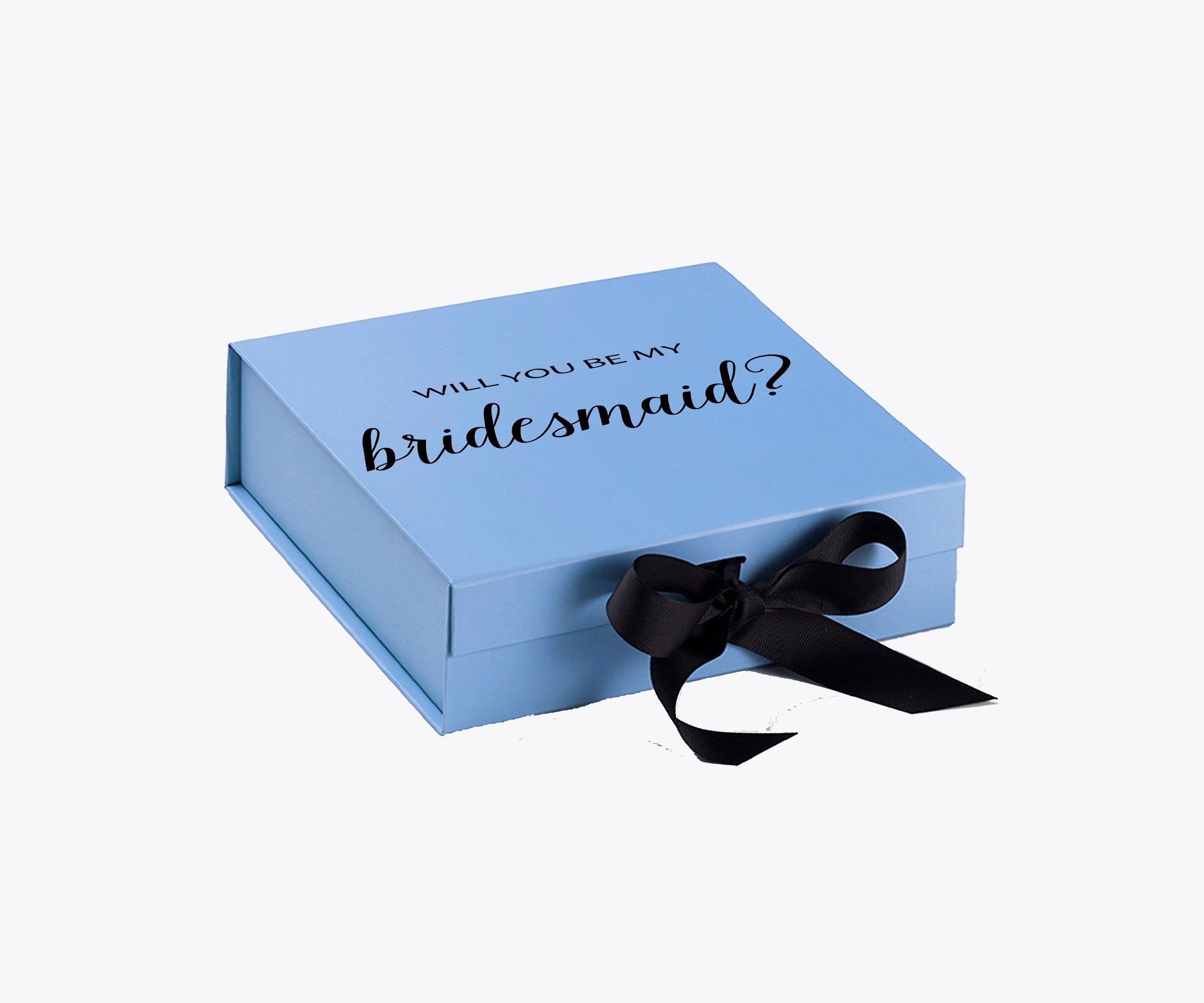 Light blue bridesmaid proposal box with black bow, featuring metallic writing on the lid, showcasing its elegant design.
